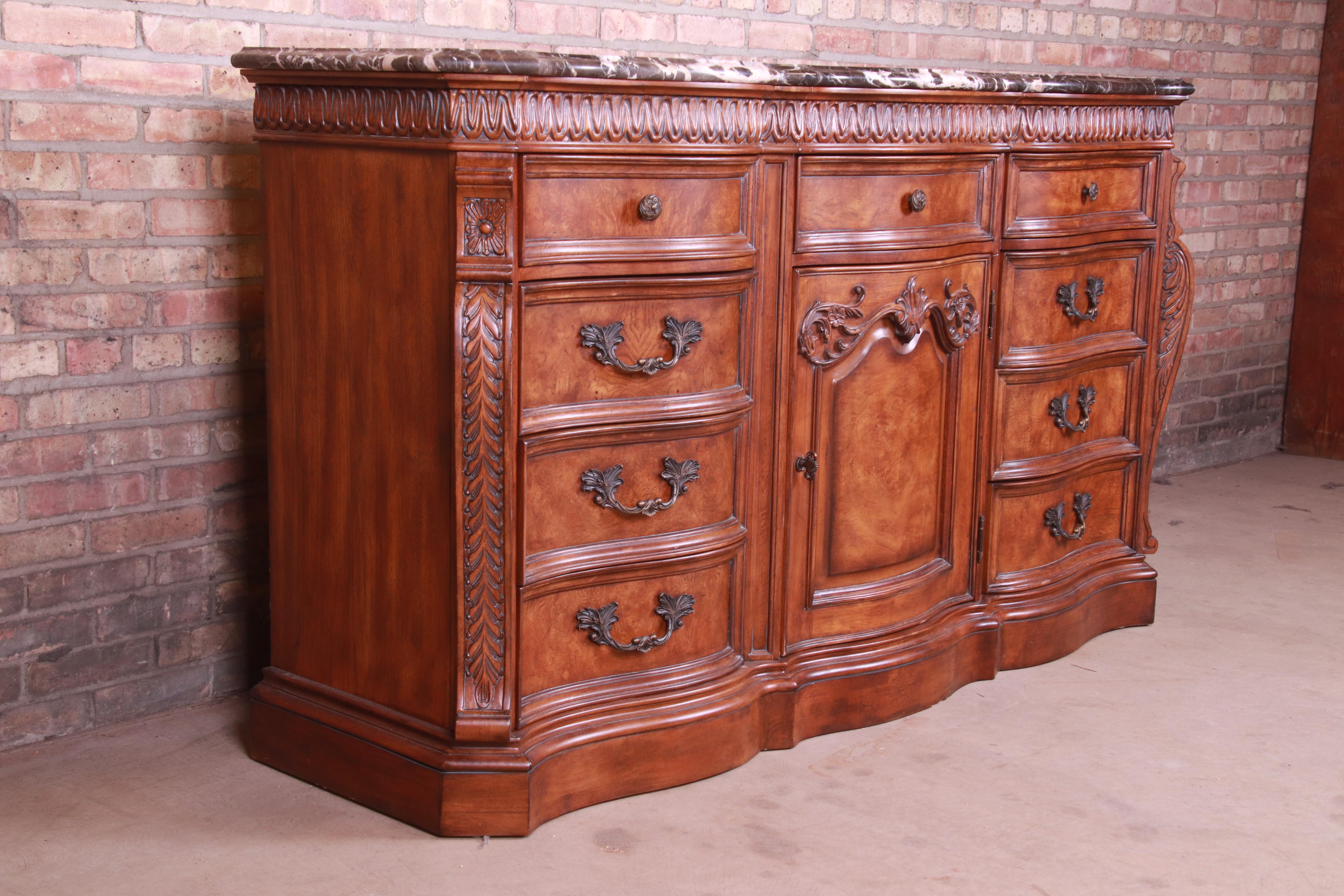 French Provincial Drexel Heritage Italian Provincial Burled Walnut Marble-Top Dresser or Sideboard