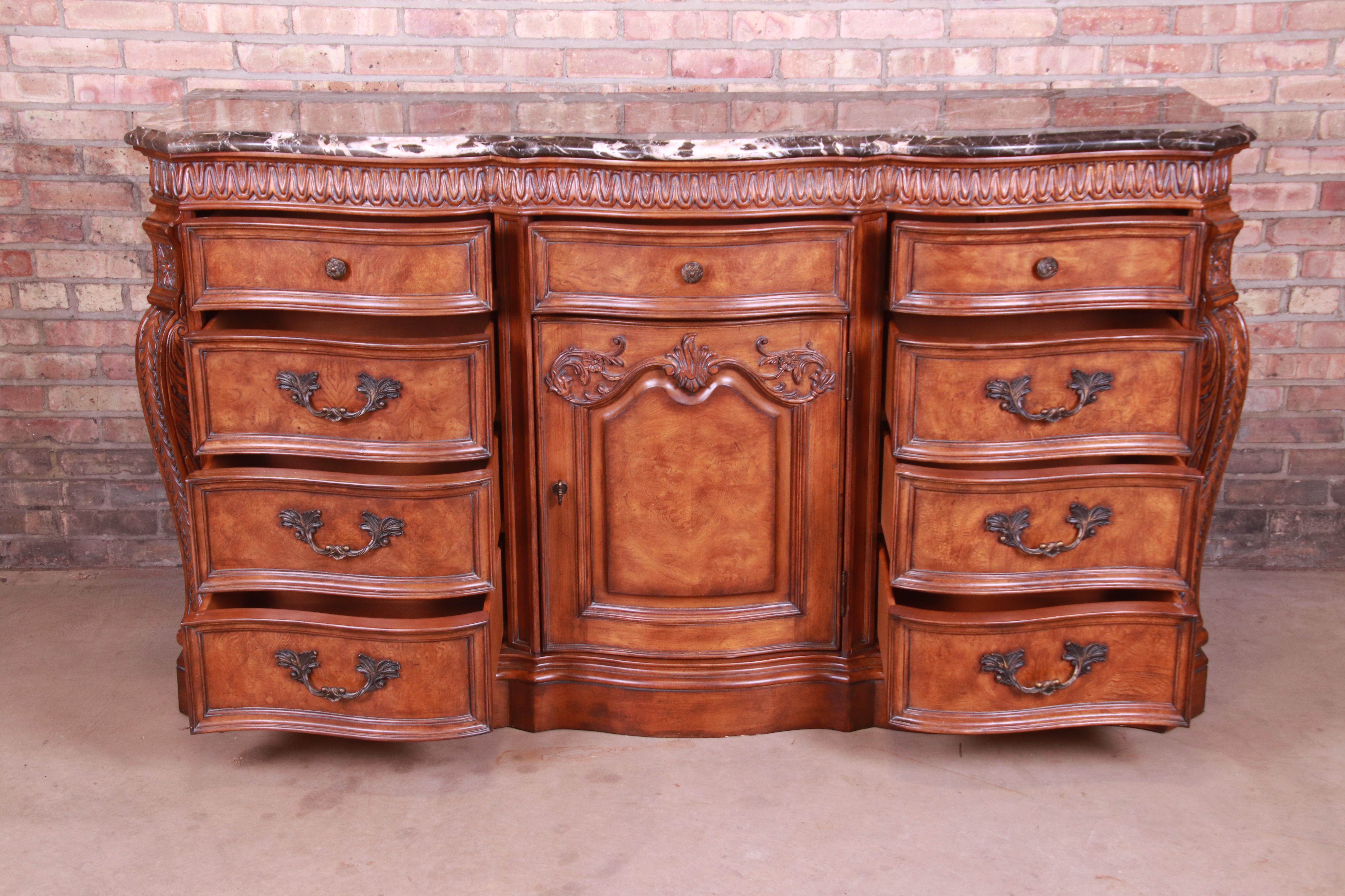 American Drexel Heritage Italian Provincial Burled Walnut Marble-Top Dresser or Sideboard