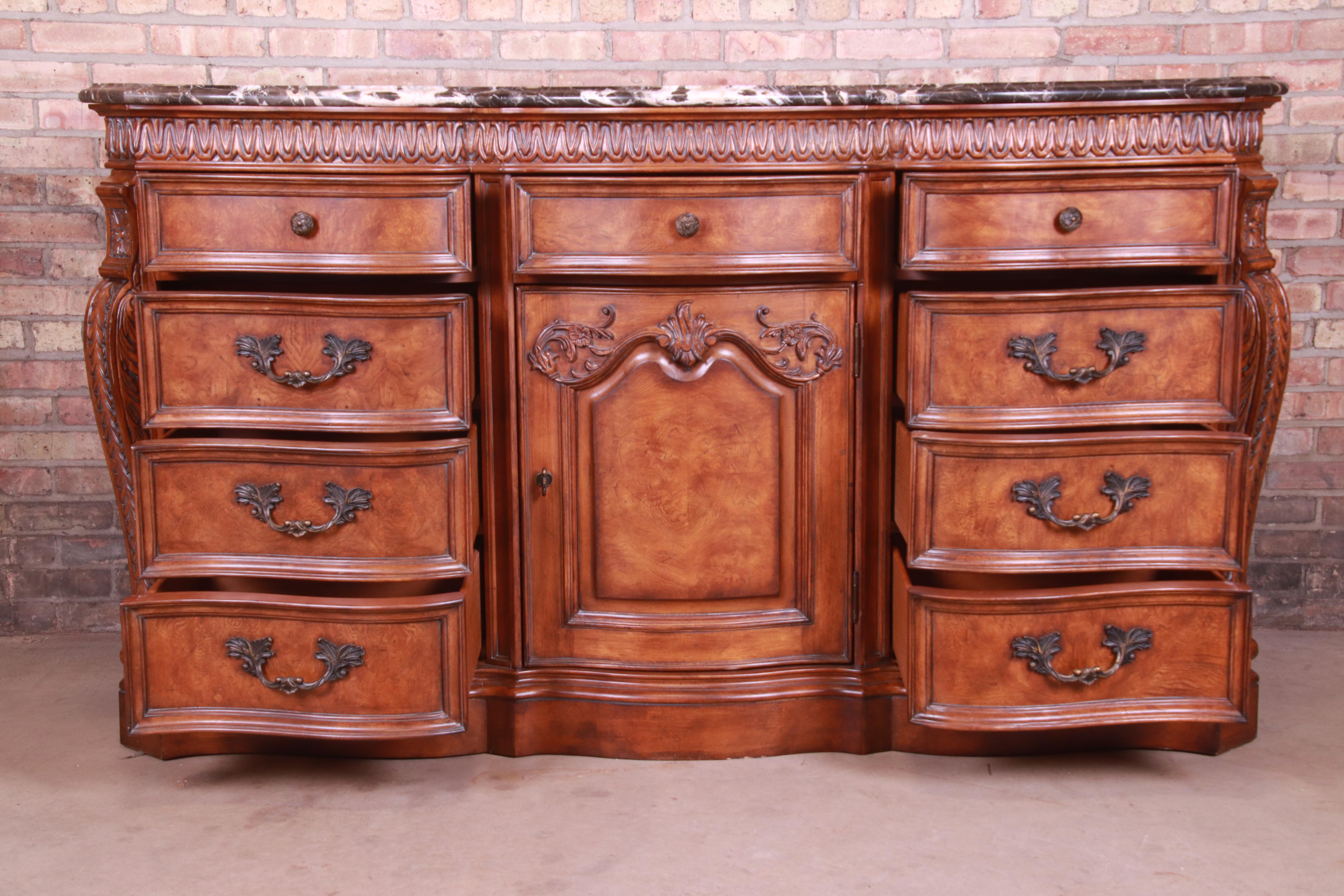 Drexel Heritage Italian Provincial Burled Walnut Marble-Top Dresser or Sideboard In Good Condition In South Bend, IN