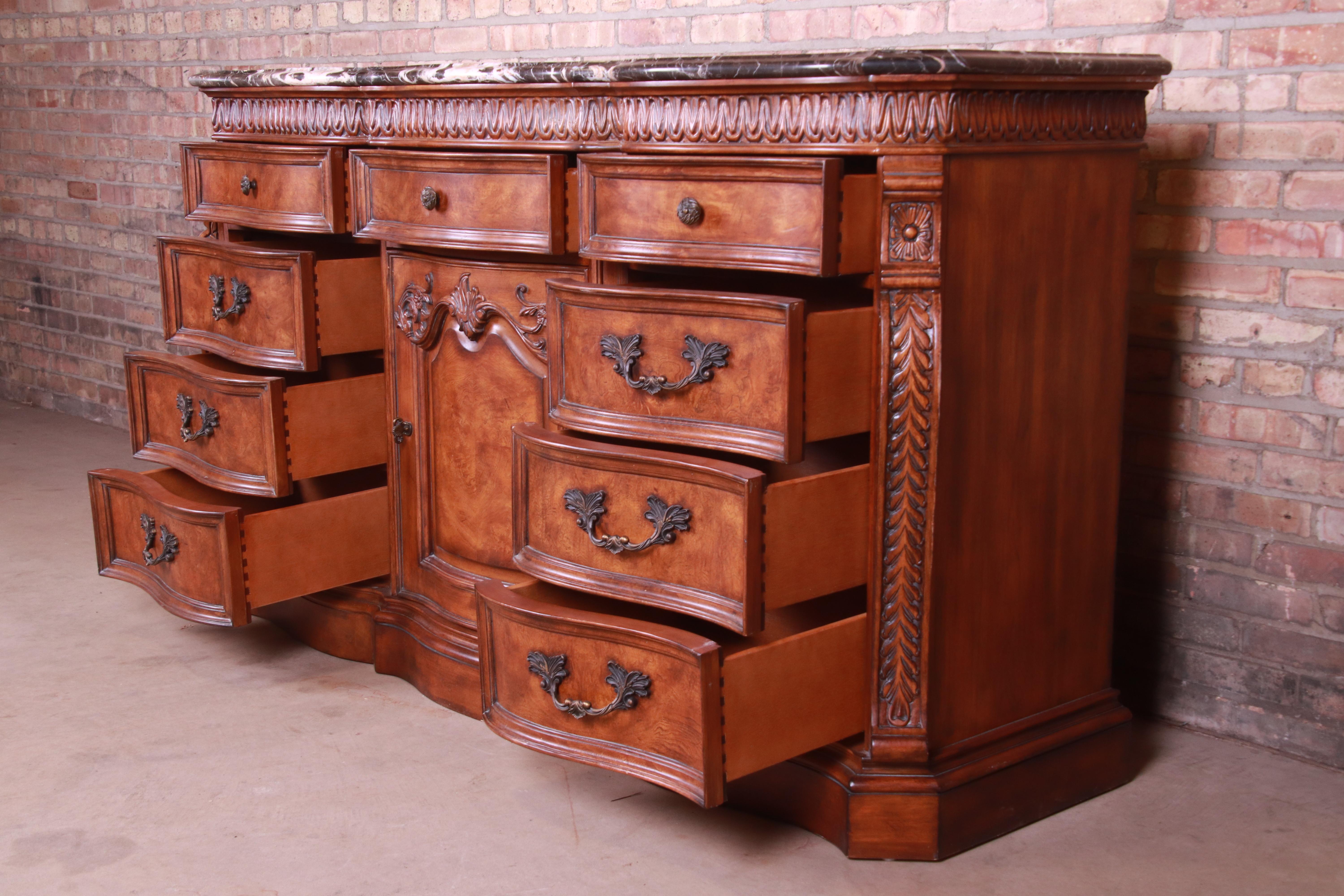 20th Century Drexel Heritage Italian Provincial Burled Walnut Marble-Top Dresser or Sideboard