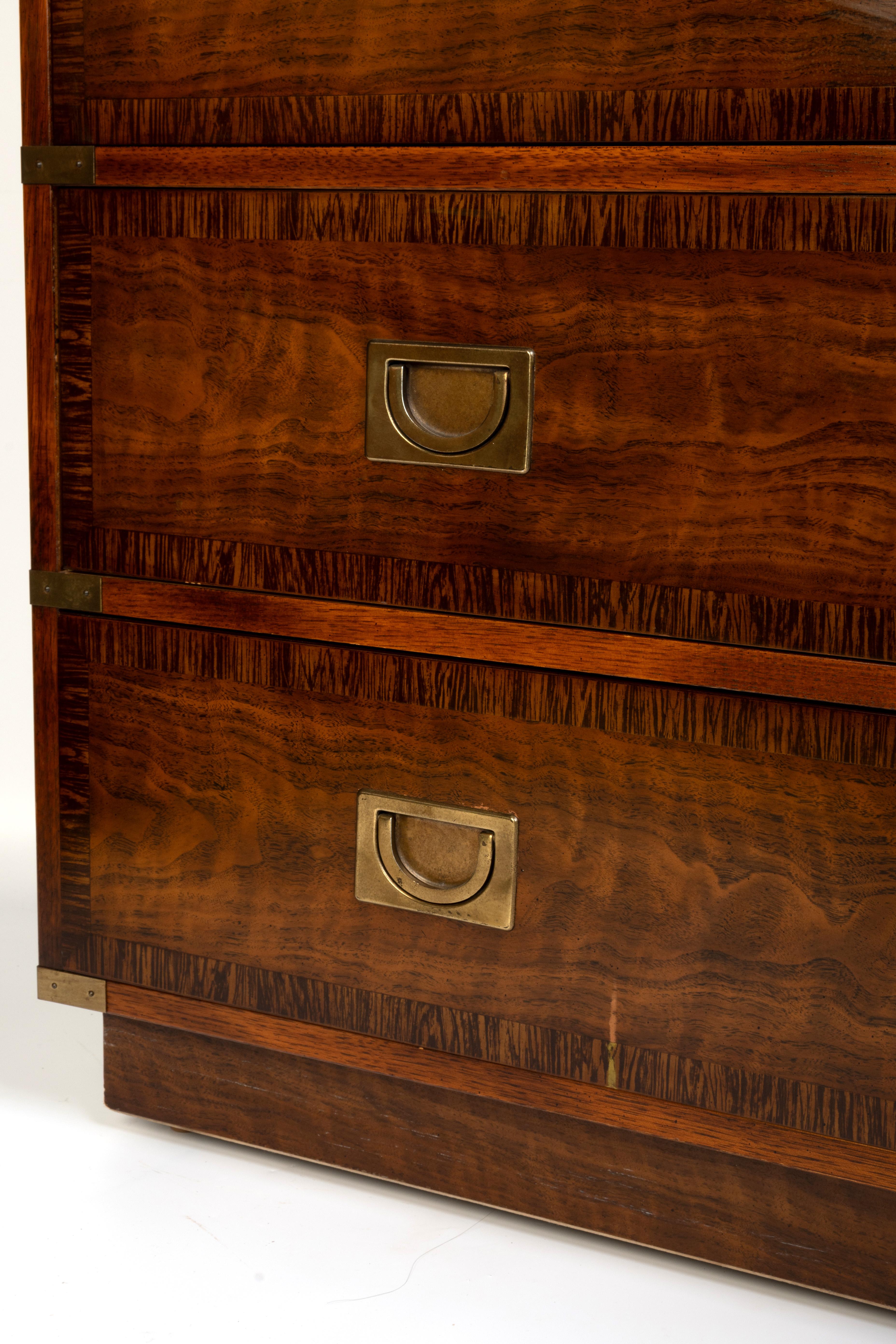 American Drexel Heritage Lacquered Walnut Campaign Style Chest Of Drawers C.1970