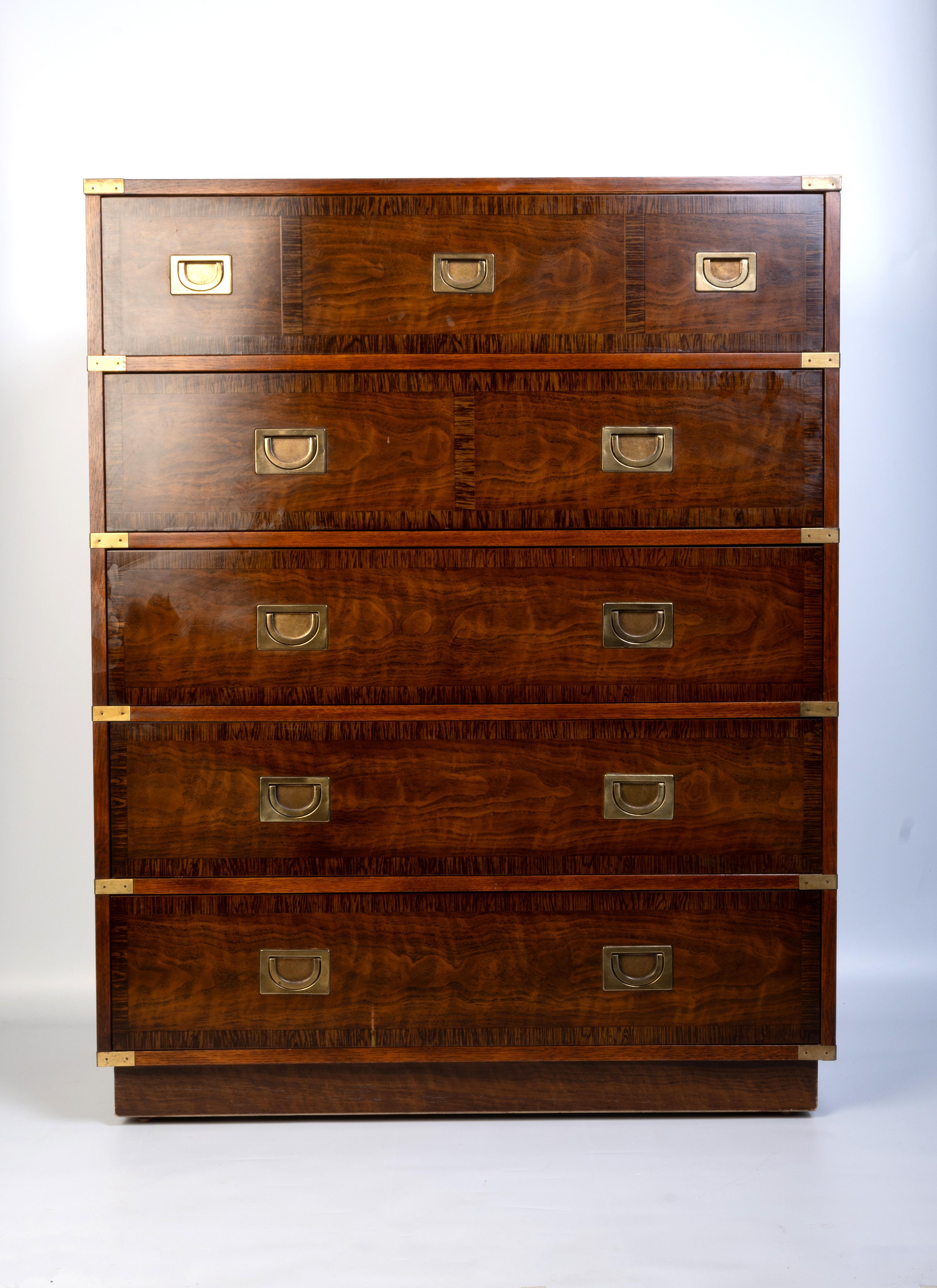 Late 20th Century Drexel Heritage Lacquered Walnut Campaign Style Chest Of Drawers C.1970