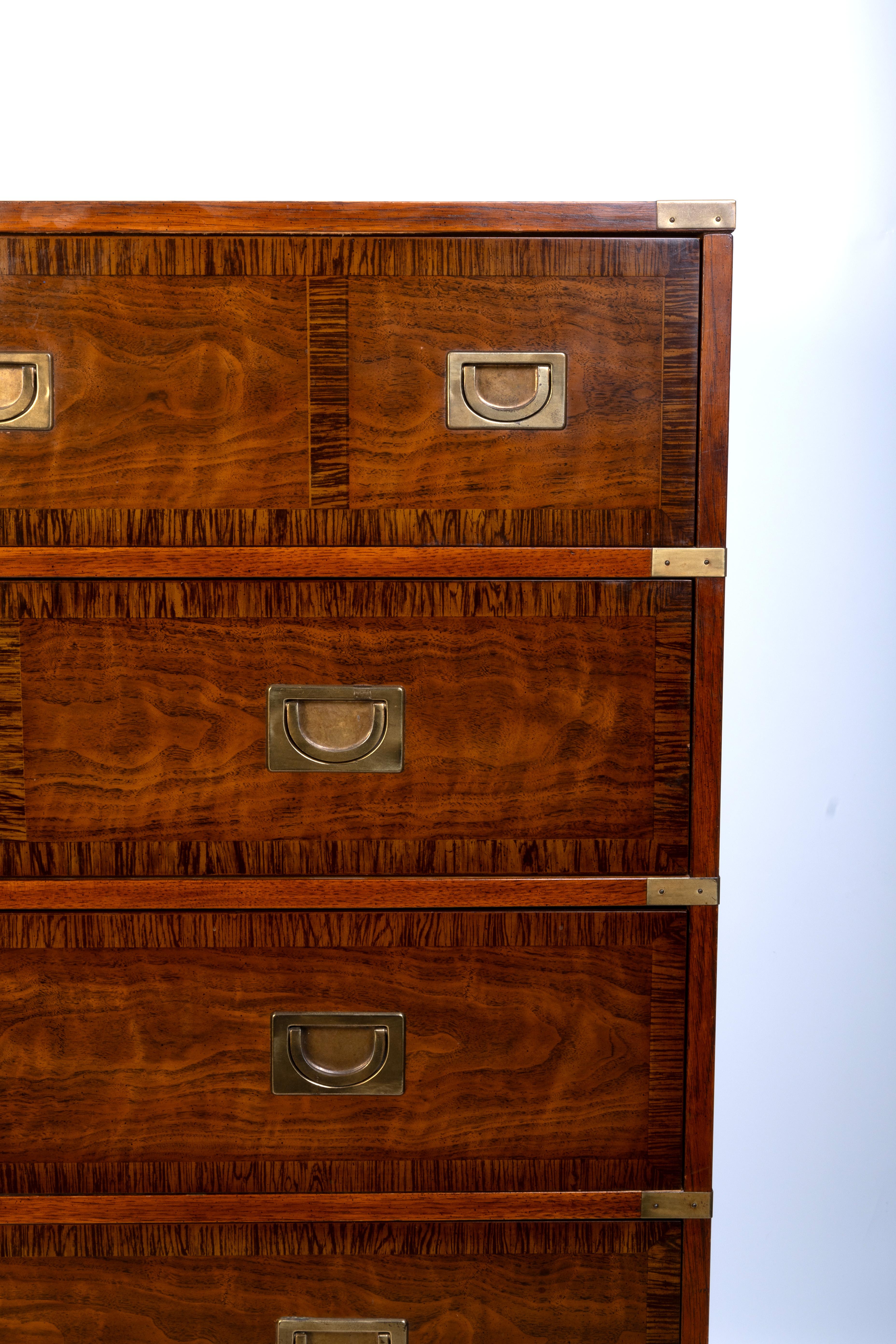 Brass Drexel Heritage Lacquered Walnut Campaign Style Chest Of Drawers C.1970