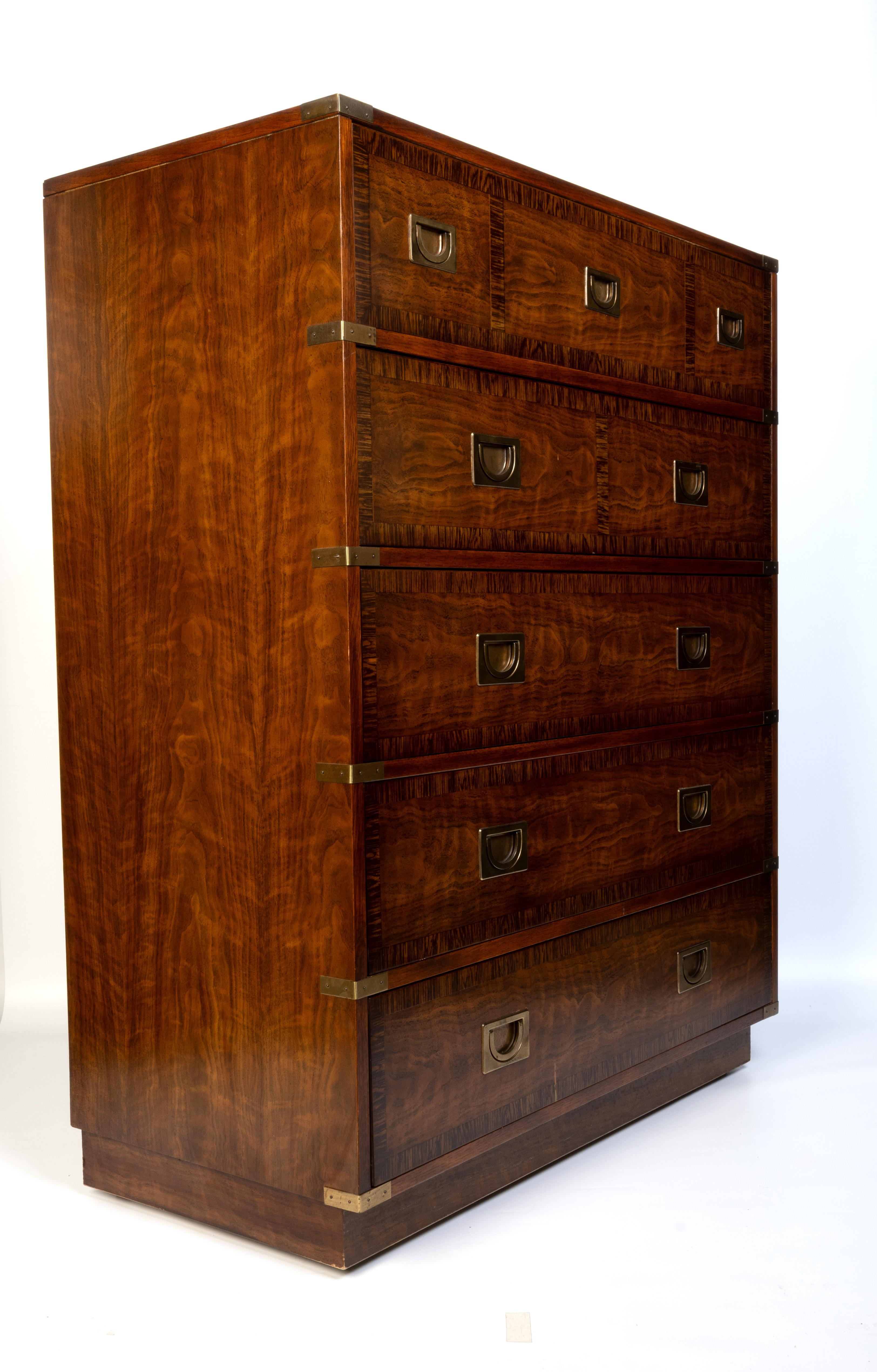 Drexel Heritage Lacquered Walnut Campaign Style Chest Of Drawers C.1970 1