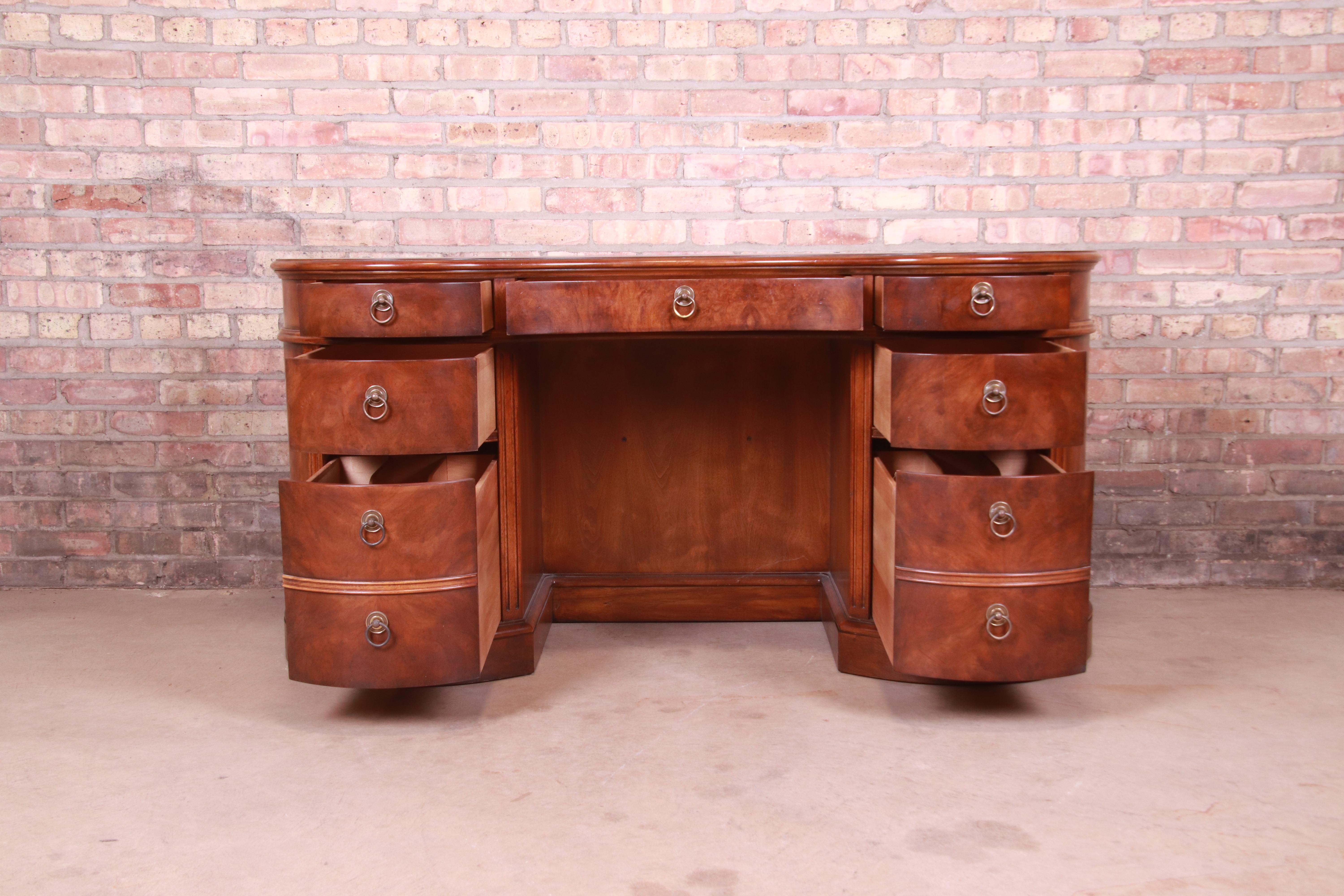 Brass Drexel Heritage Mahogany and Burl Wood Kidney Shaped Desk with Bookcase