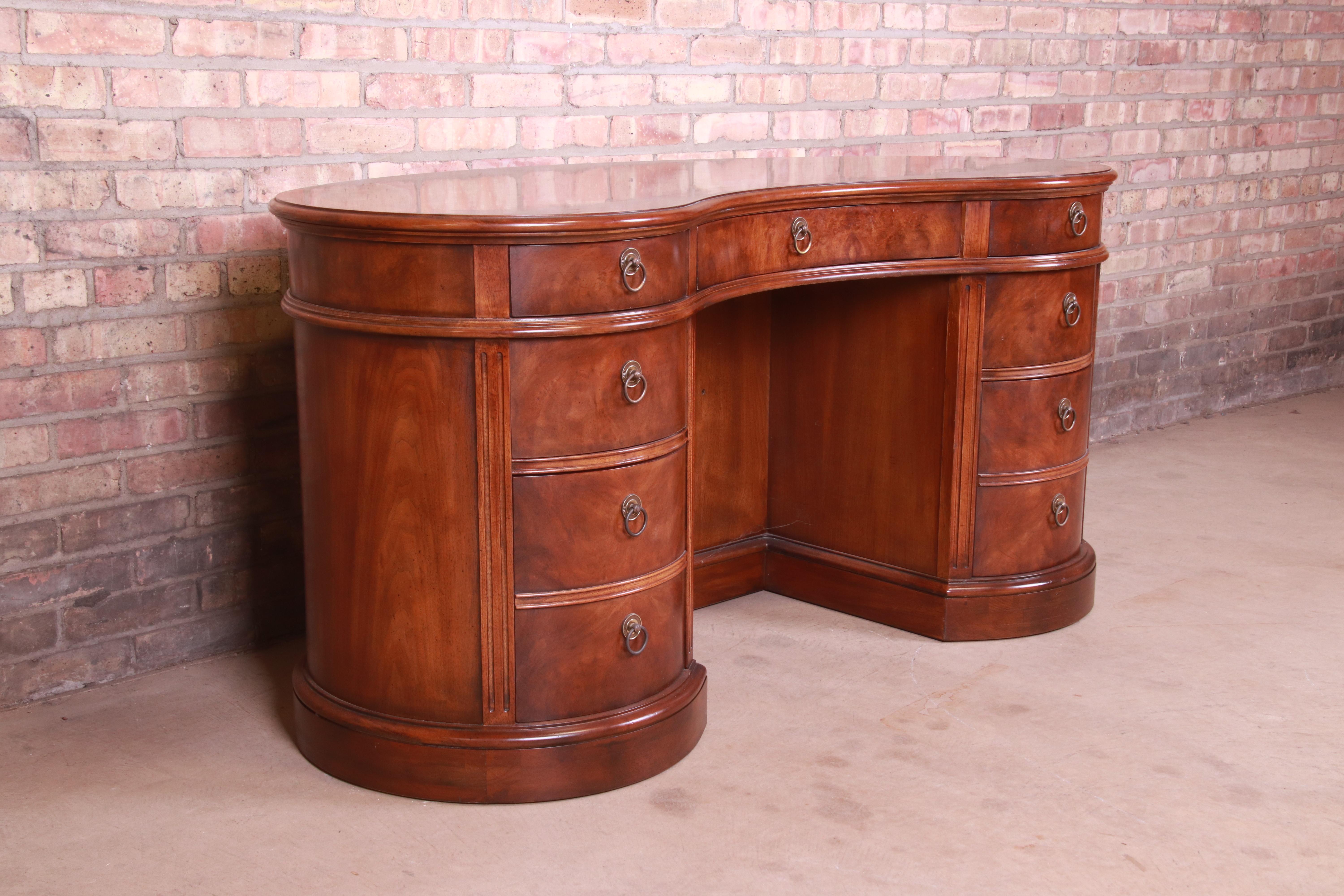 Regency Drexel Heritage Mahogany and Burl Wood Kidney Shaped Desk with Bookcase