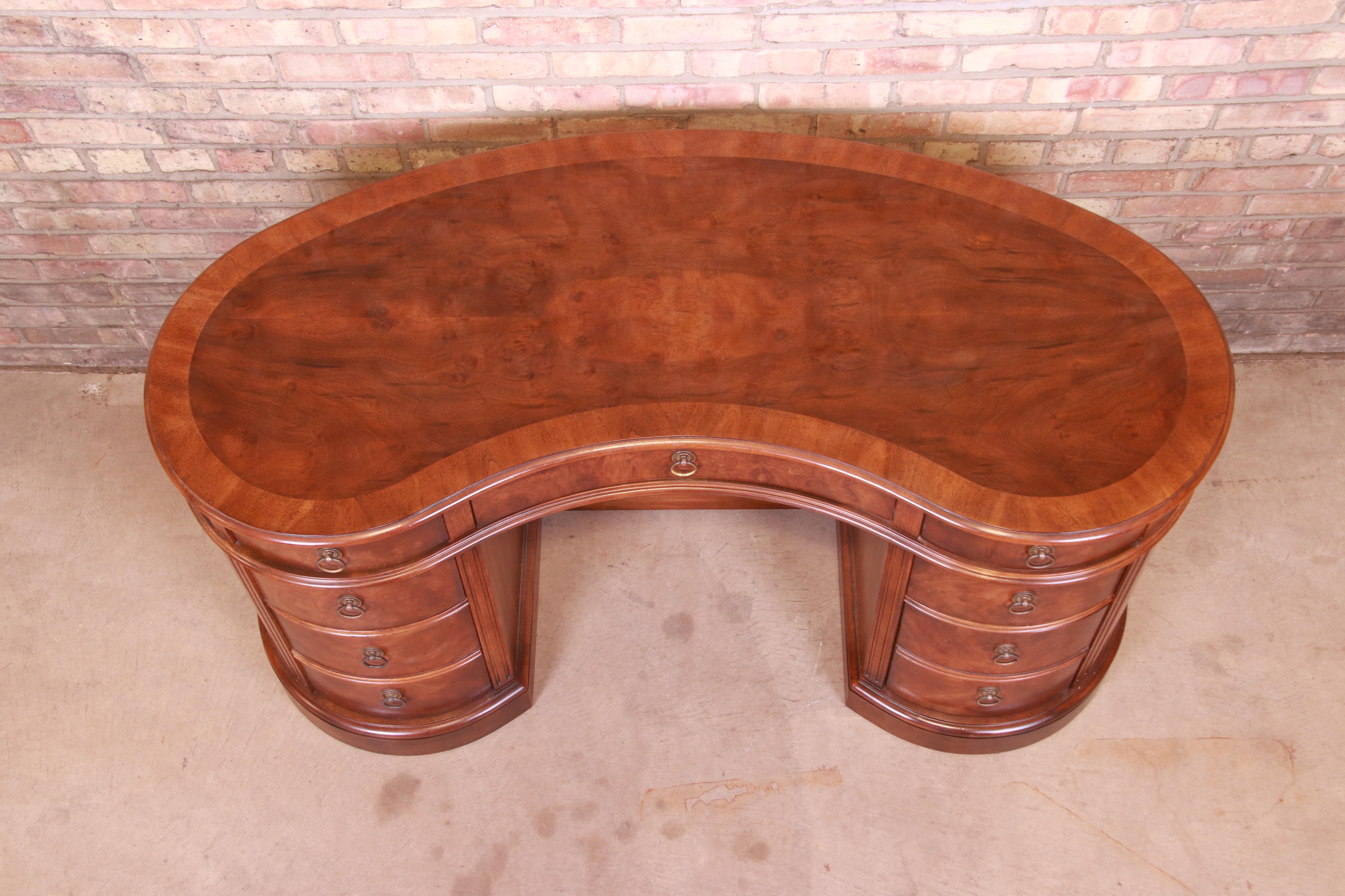 American Drexel Heritage Mahogany and Burl Wood Kidney Shaped Desk with Bookcase