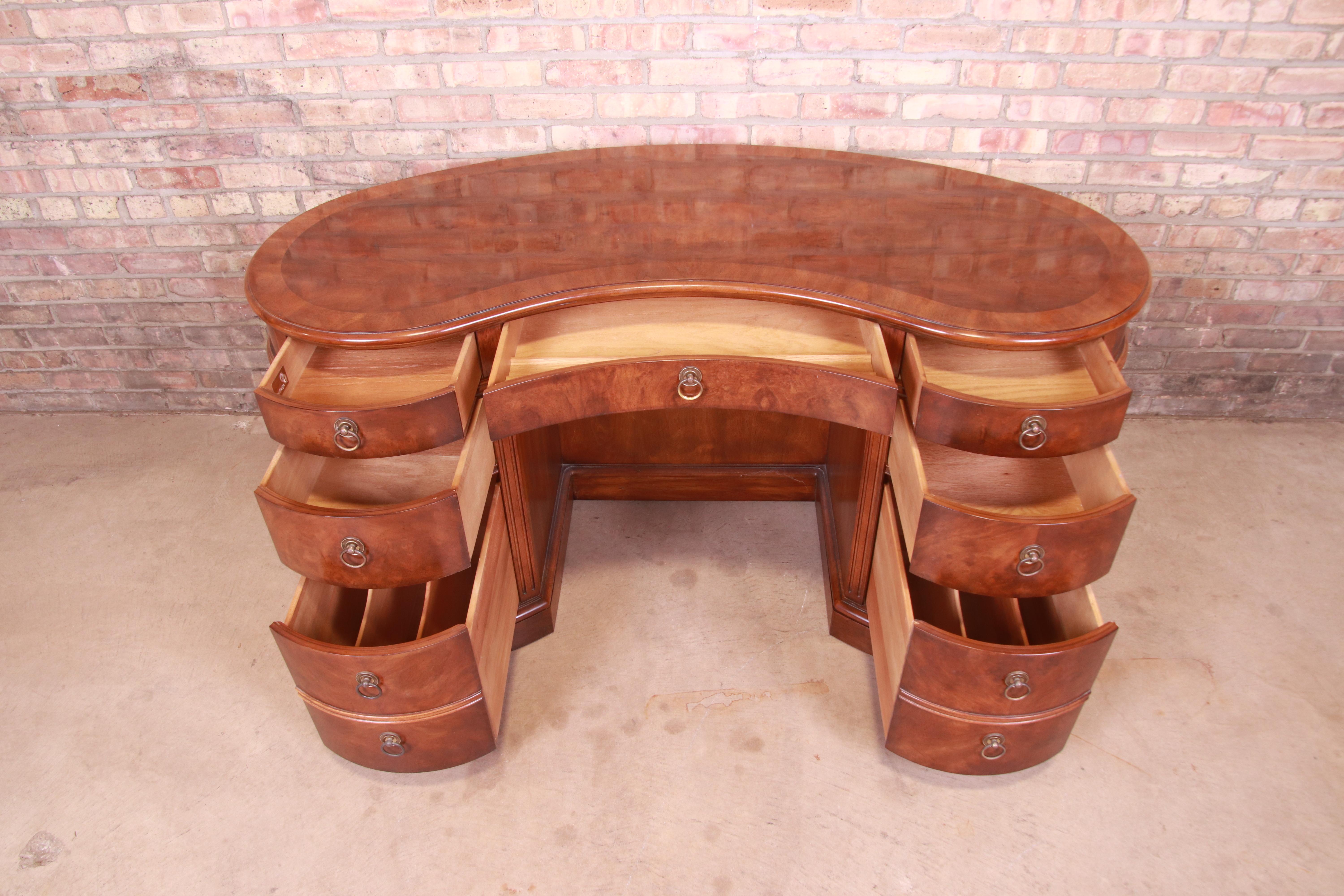 20th Century Drexel Heritage Mahogany and Burl Wood Kidney Shaped Desk with Bookcase