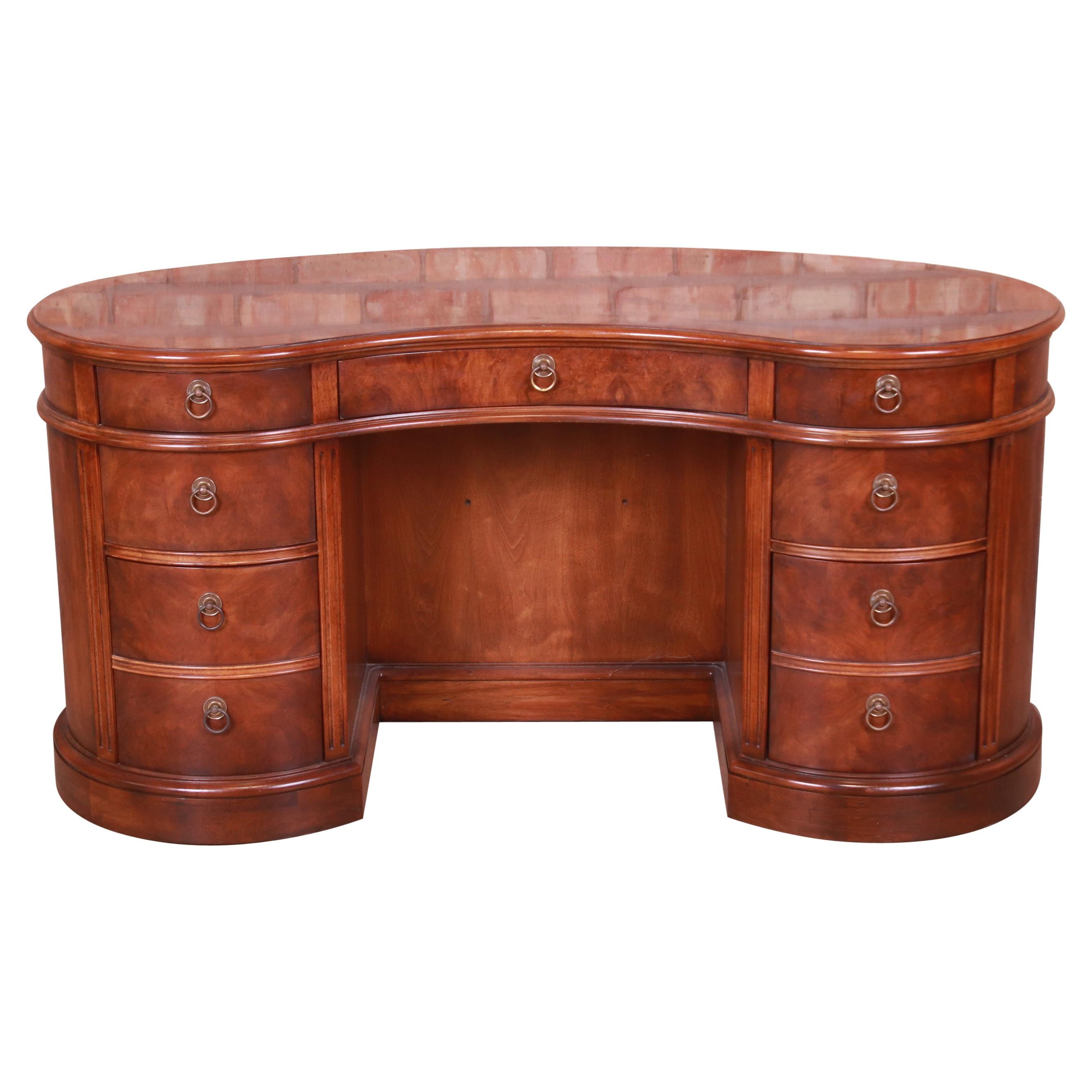 Drexel Heritage Mahogany and Burl Wood Kidney Shaped Desk with Bookcase