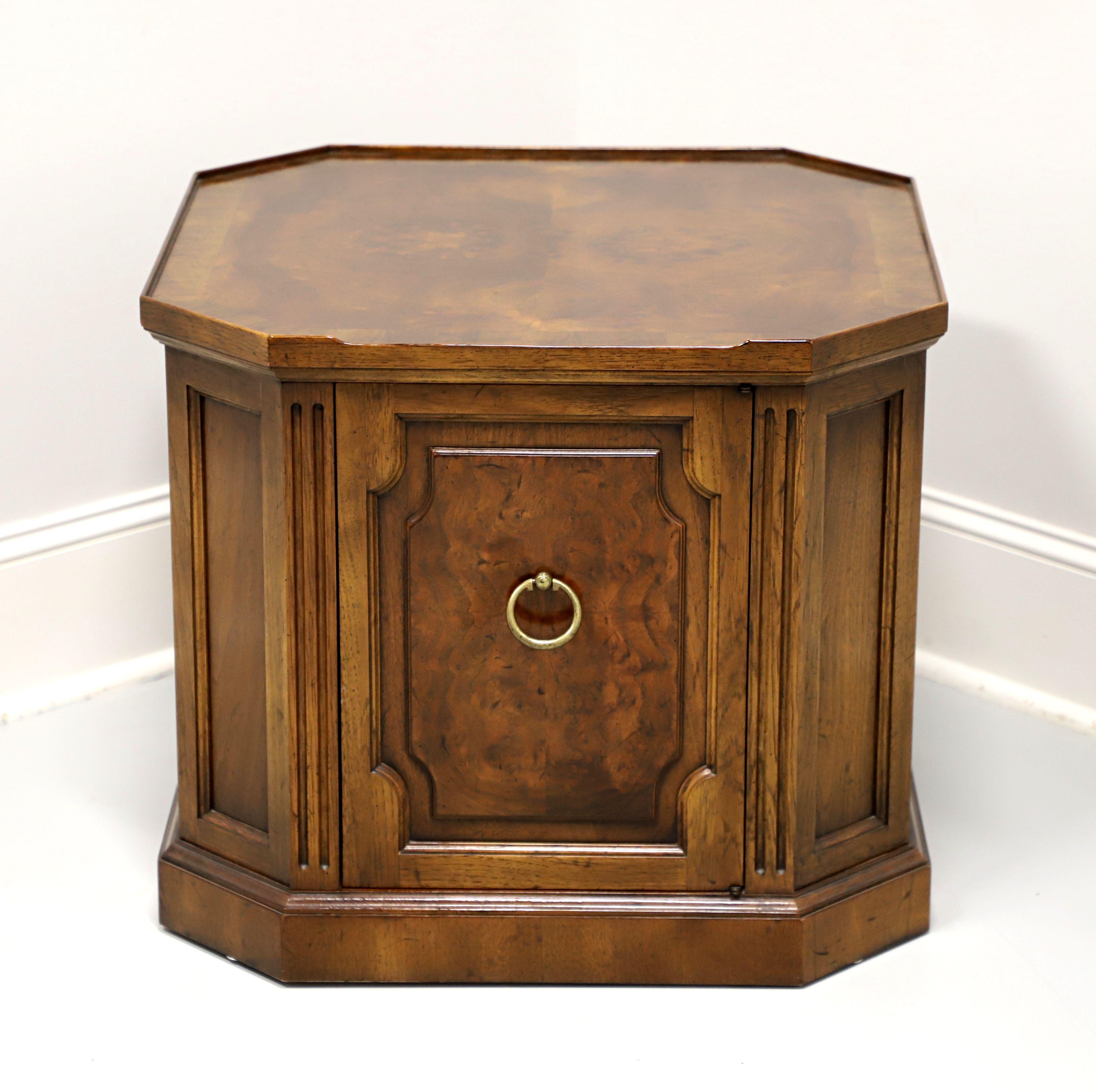 A French Regency style square cabinet side table by Drexel Heritage. Walnut with brass hardware, burl walnut top with low gallery edge, and a solid ogee edge base. Features a one door cabinet revealing interior storage. Made in North Carolina, USA,