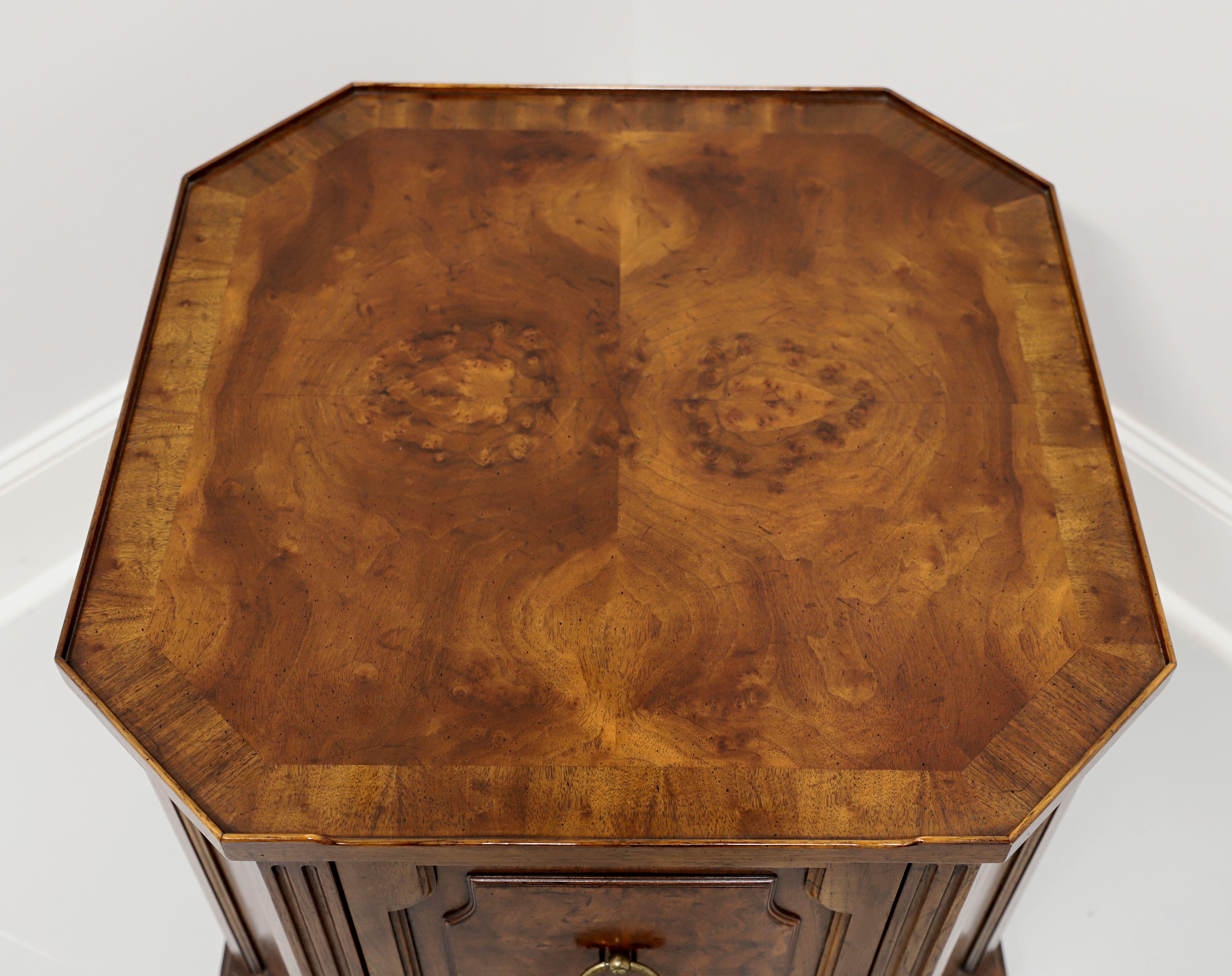 Brass DREXEL HERITAGE Mid 20th Century Burl Walnut Cabinet End Side Table For Sale
