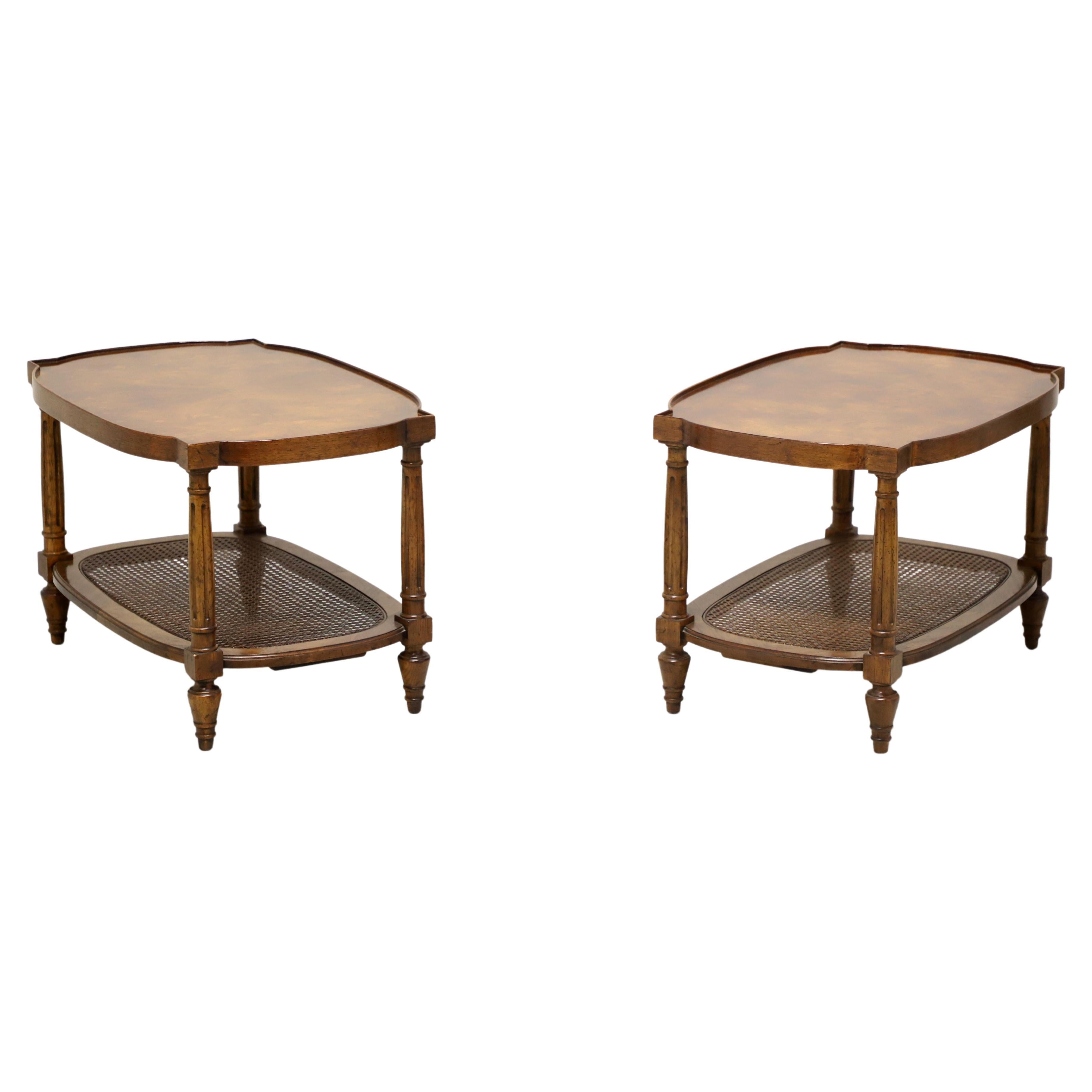 DREXEL HERITAGE Mid 20th Century Burl Walnut Caned Coffee Cocktail Tables - Pair For Sale