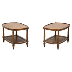 Retro DREXEL HERITAGE Mid 20th Century Burl Walnut Caned Coffee Cocktail Tables - Pair