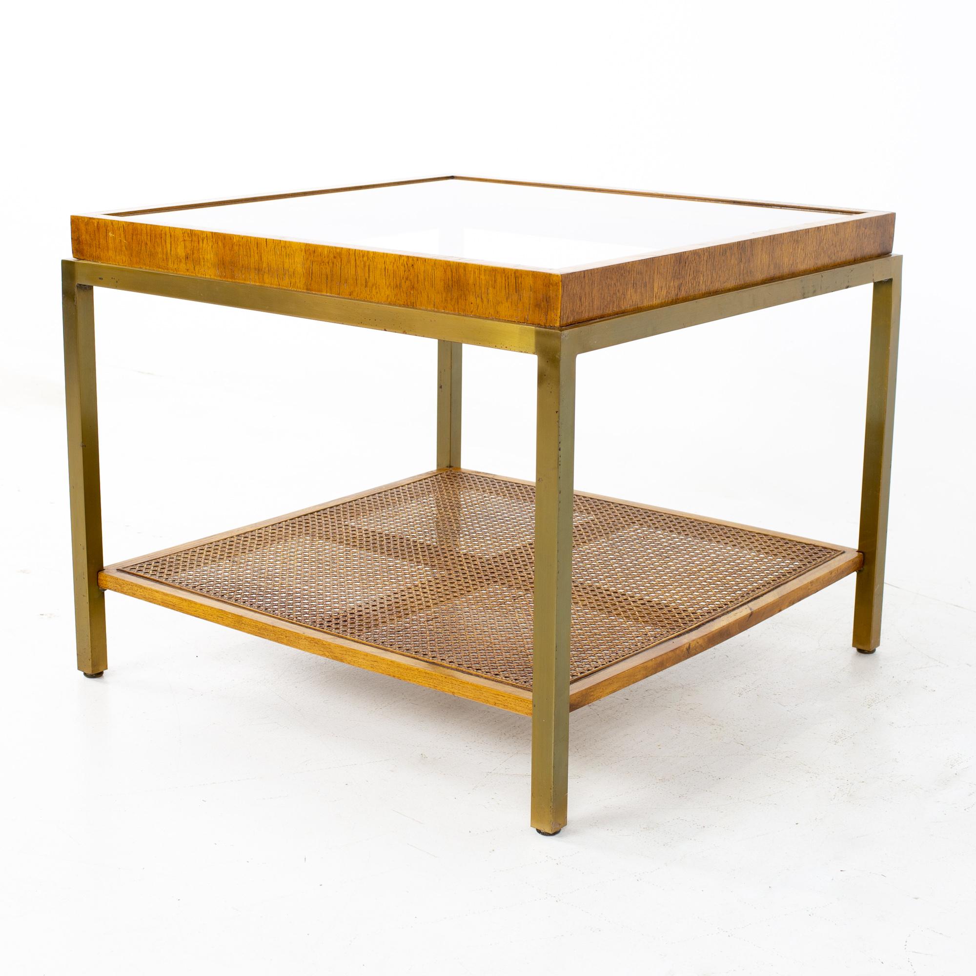 Drexel heritage mid century brass cane and glass side end table
This end table measures: 26 wide x 17 deep x 21 inches high

All pieces of furniture can be had in what we call restored vintage condition. That means the piece is restored upon