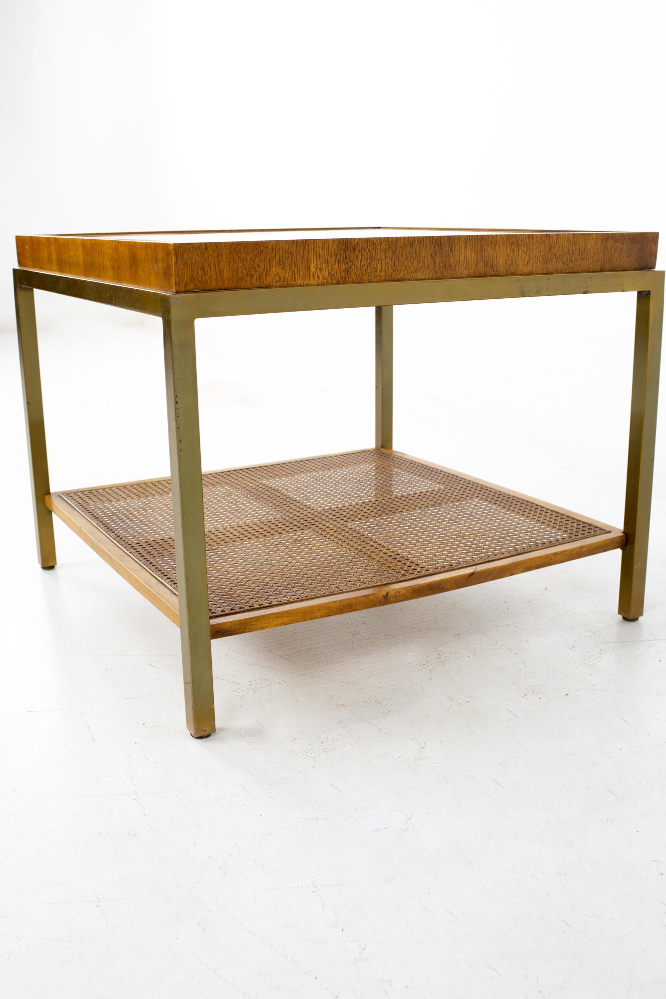American Drexel Heritage Mid Century Brass Cane and Glass Side End Table