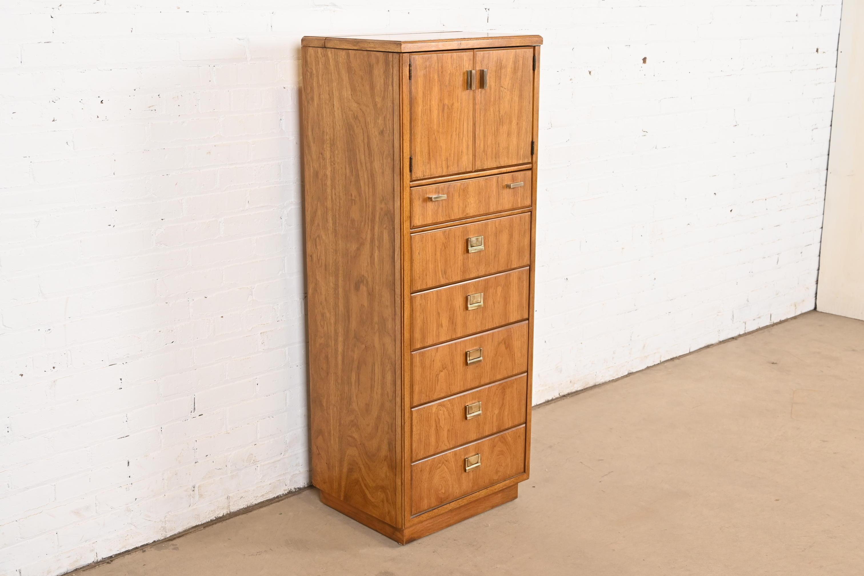 Drexel Heritage Mid-Century Hollywood Regency Campaign Walnut Lingerie Chest In Good Condition In South Bend, IN
