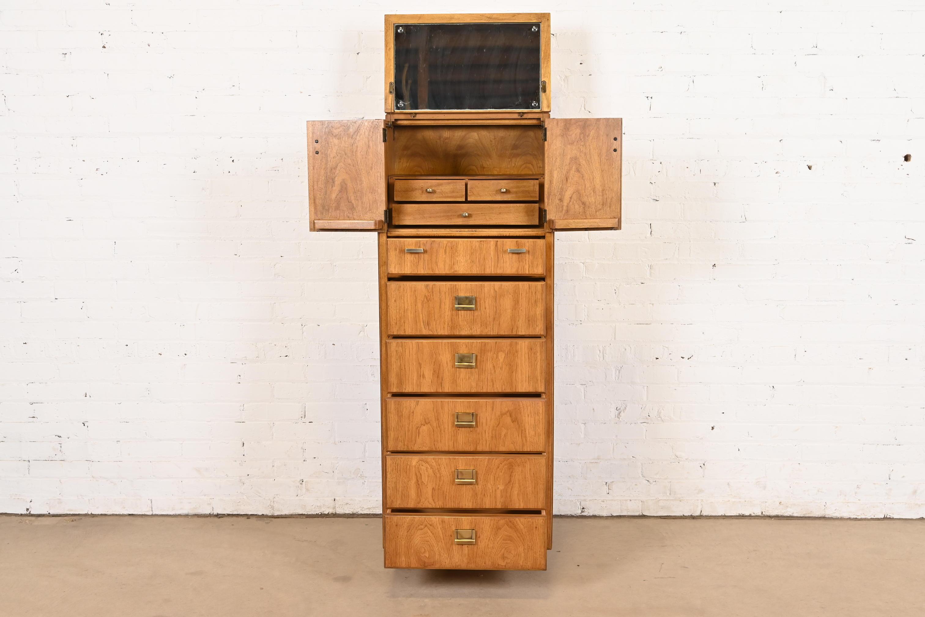 Brass Drexel Heritage Mid-Century Hollywood Regency Campaign Walnut Lingerie Chest