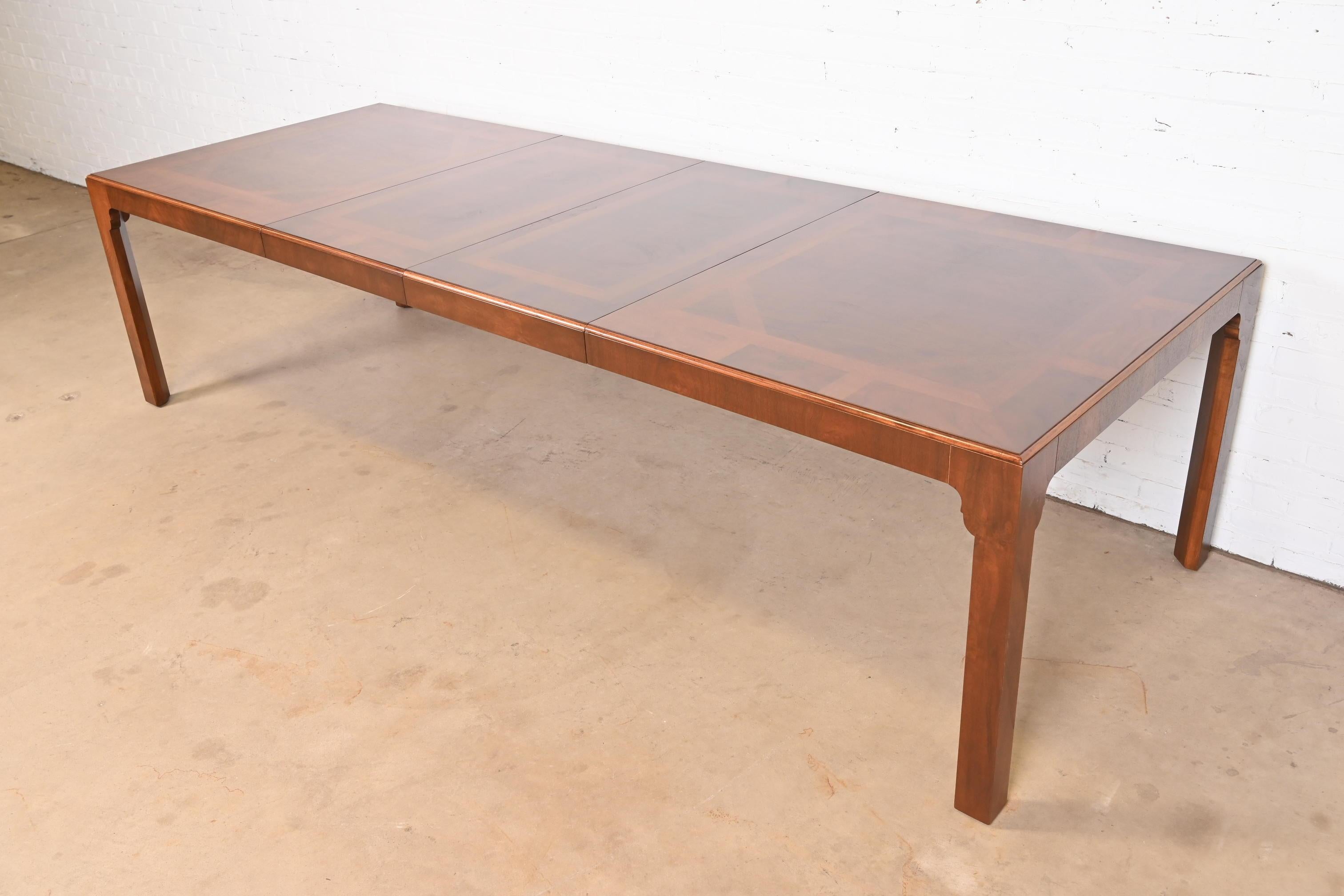 American Drexel Heritage Mid-Century Modern Burled Walnut Dining Table, Newly Refinished For Sale