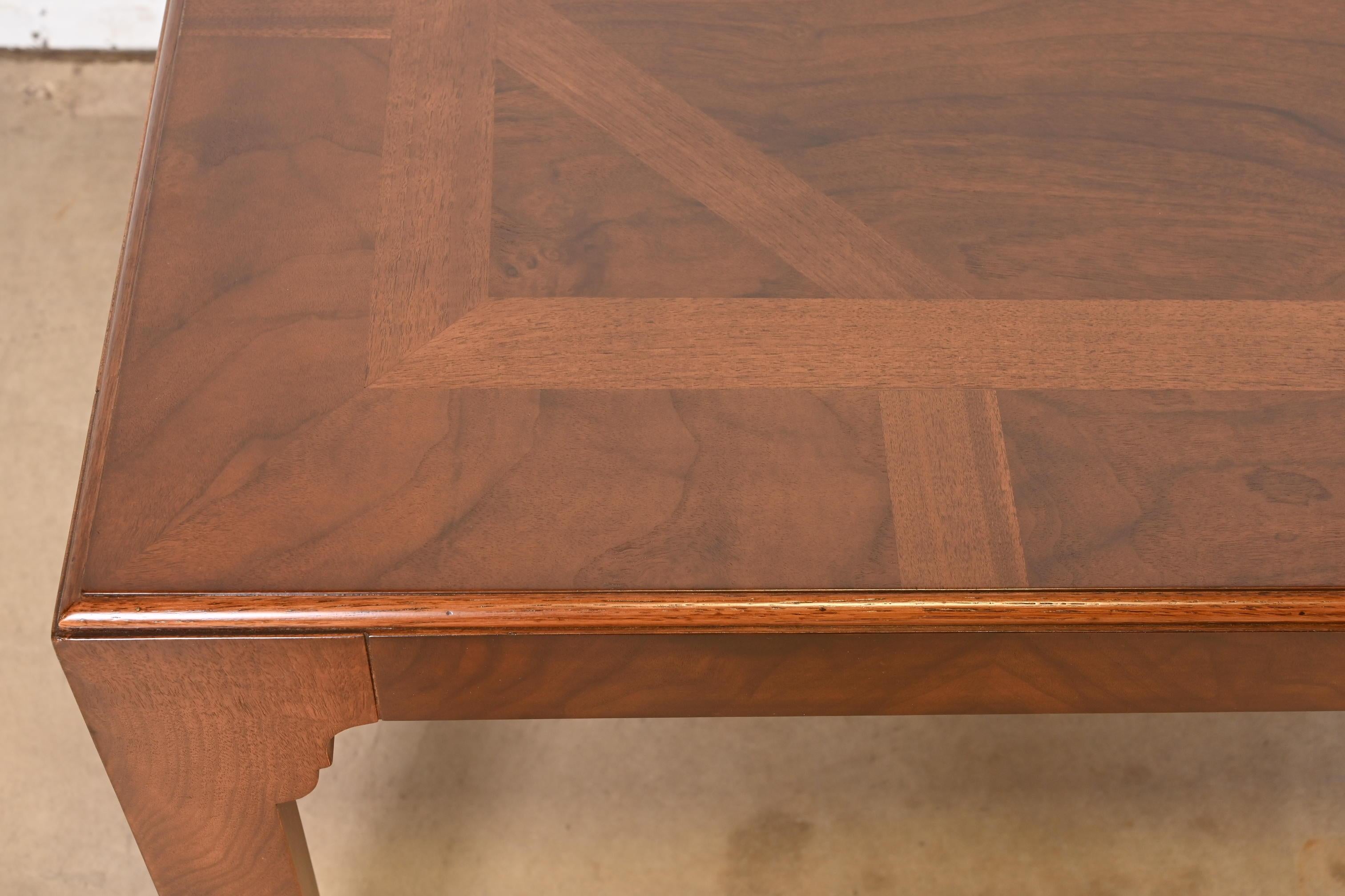 Drexel Heritage Mid-Century Modern Burled Walnut Dining Table, Newly Refinished For Sale 2