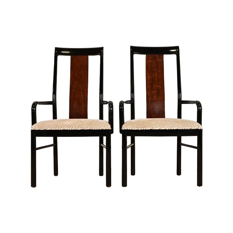 Drexel Heritage Mid-Century Modern Hollywood Regency Walnut Armchairs, Pair