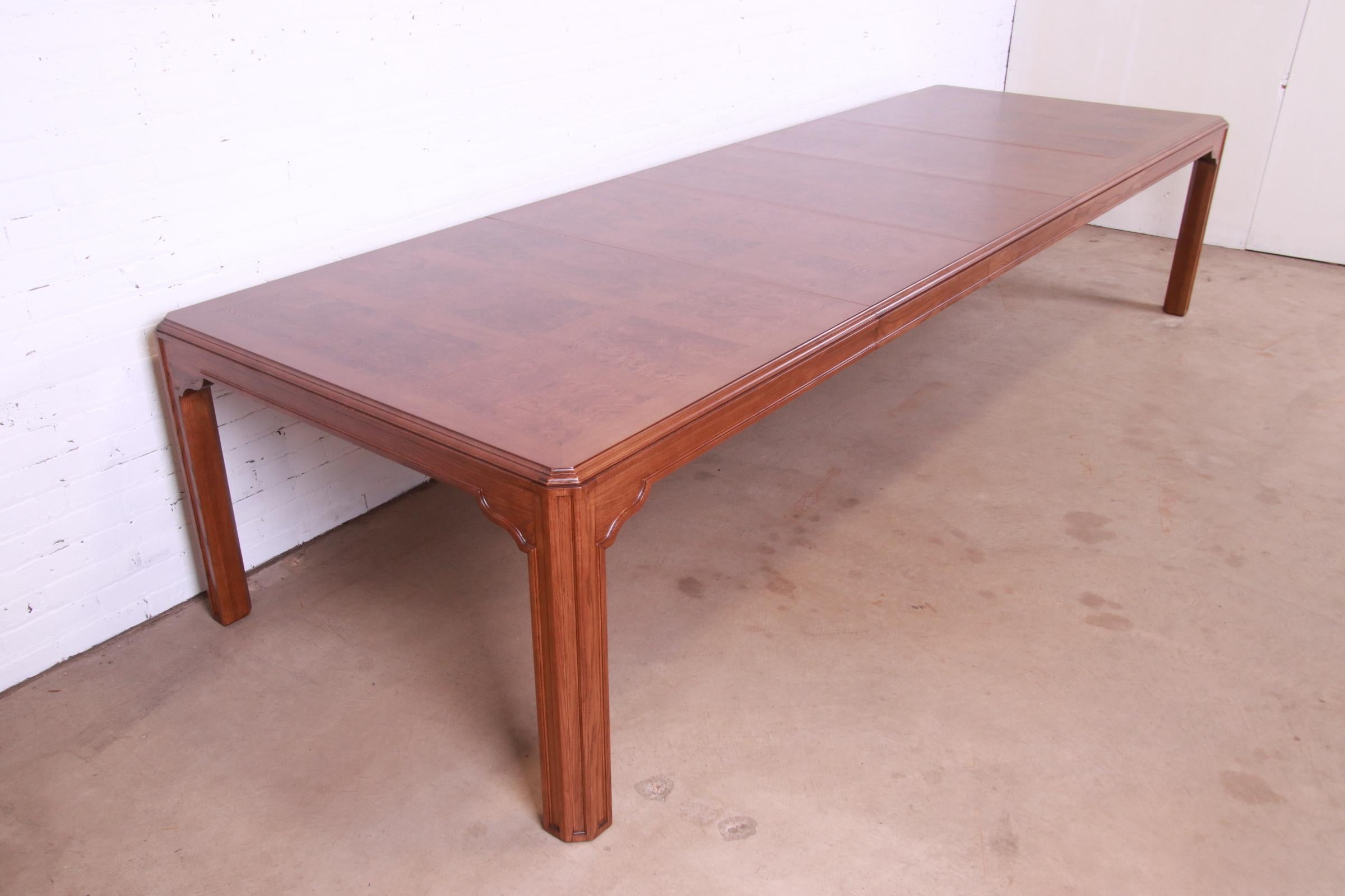 Late 20th Century Drexel Heritage Mid-Century Modern Oak and Burl Wood Dining Table, Refinished For Sale