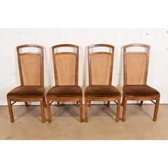 Drexel Heritage Mid-Century Modern Walnut and Cane Dining Chairs, Set of Four