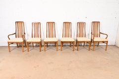 Drexel Heritage Mid-Century Modern Walnut and Cane Dining Chairs, Set of Six
