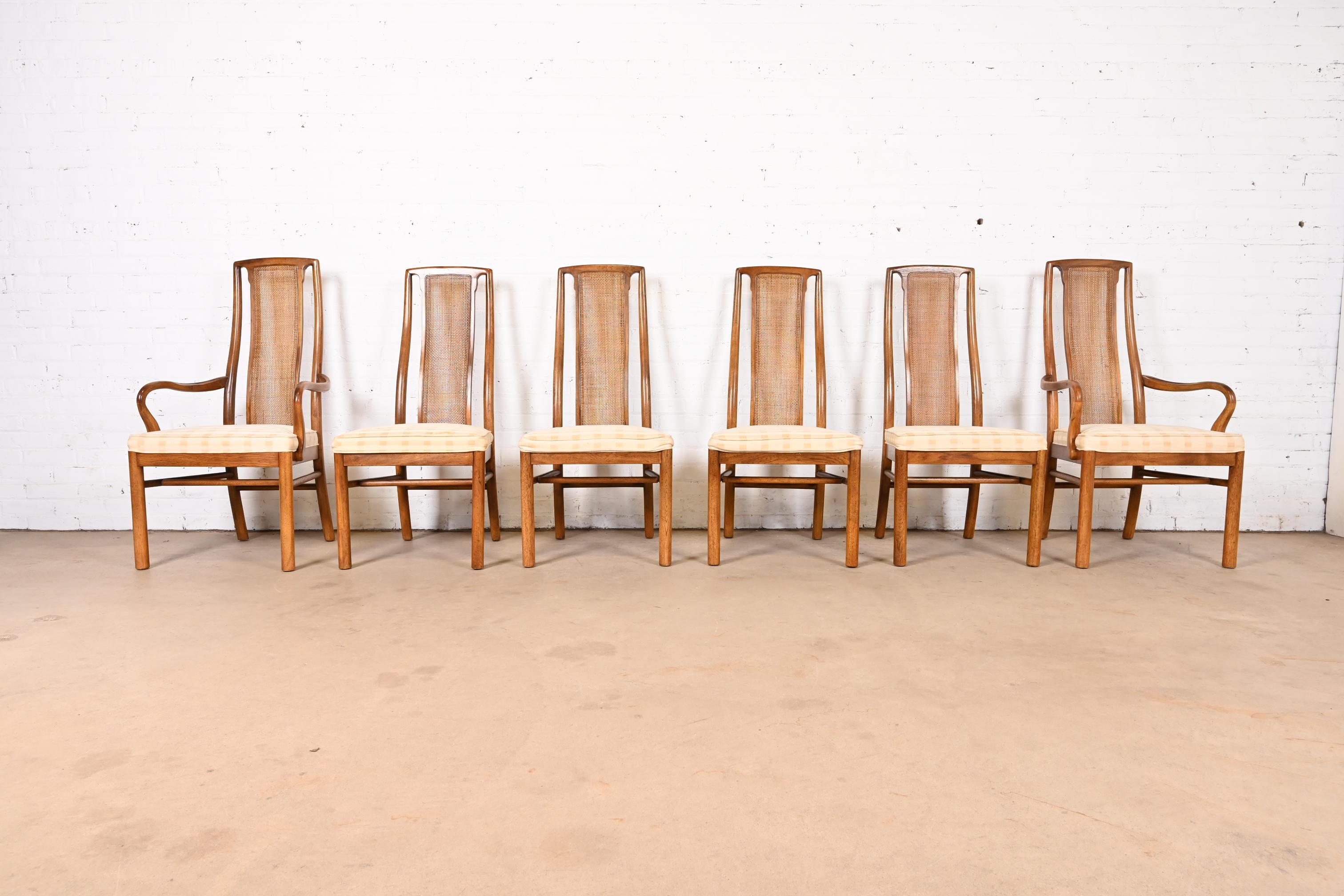 American Drexel Heritage Mid-Century Modern Walnut and Cane Dining Chairs, Set of Six