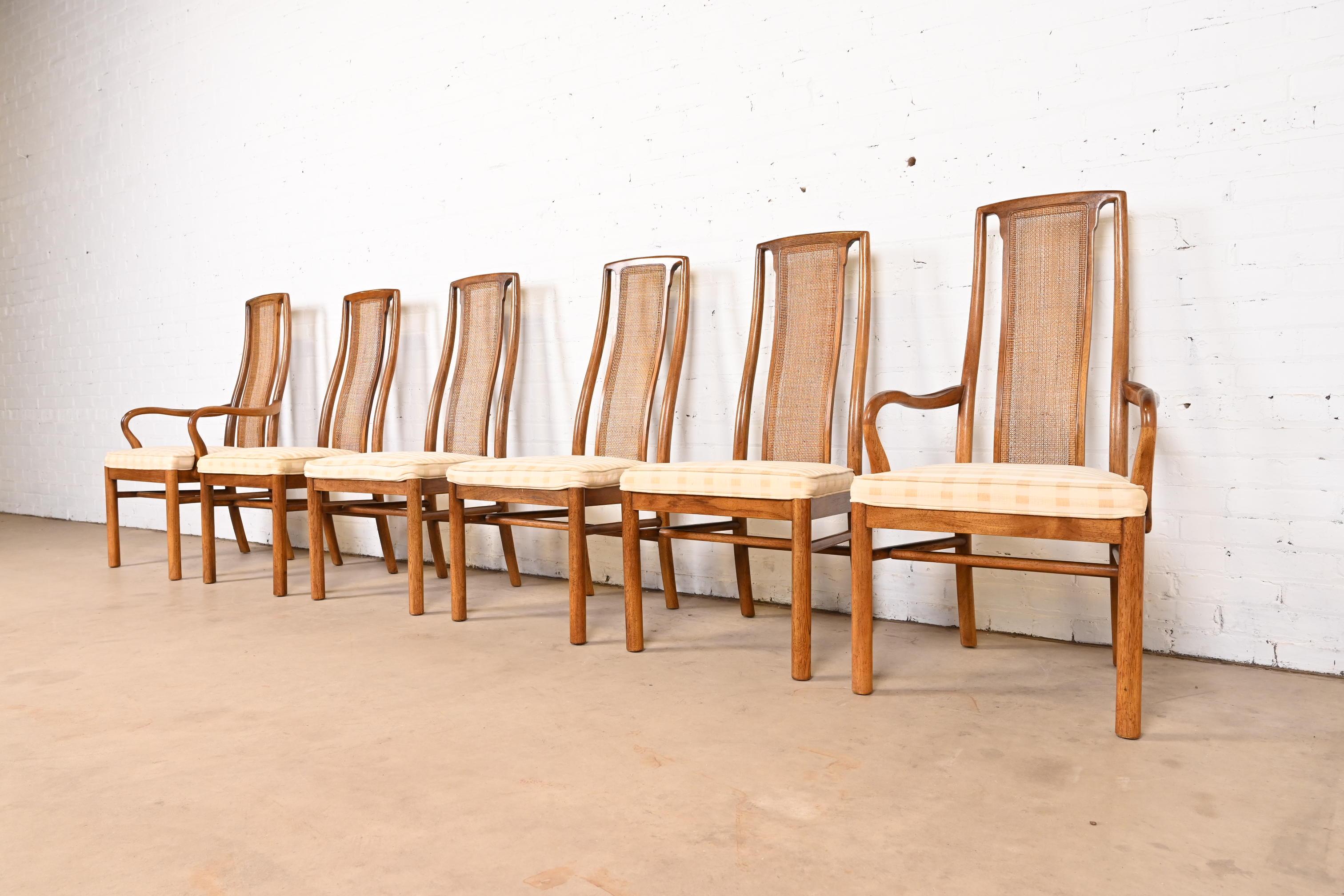 Late 20th Century Drexel Heritage Mid-Century Modern Walnut and Cane Dining Chairs, Set of Six