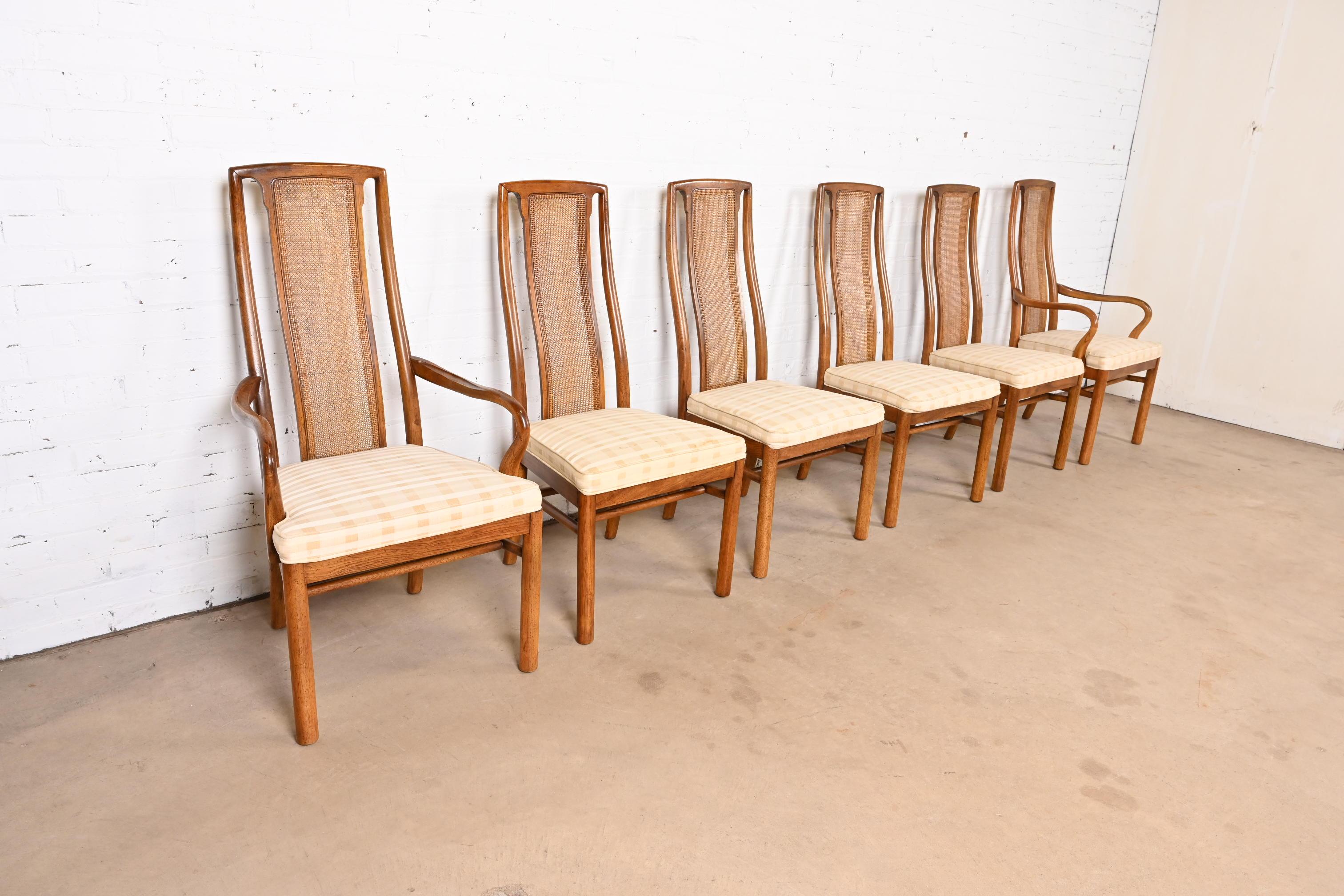 Upholstery Drexel Heritage Mid-Century Modern Walnut and Cane Dining Chairs, Set of Six