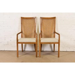 Drexel Heritage Mid-Century Modern Walnut and Cane High Back Armchairs, Pair