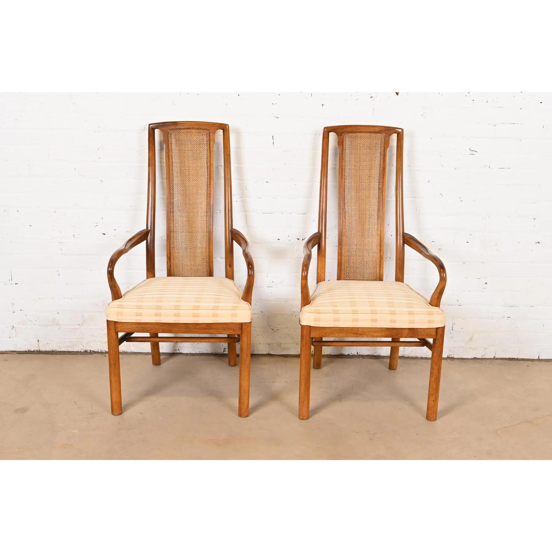 American Drexel Heritage Mid-Century Modern Walnut and Cane High Back Dining Armchairs For Sale
