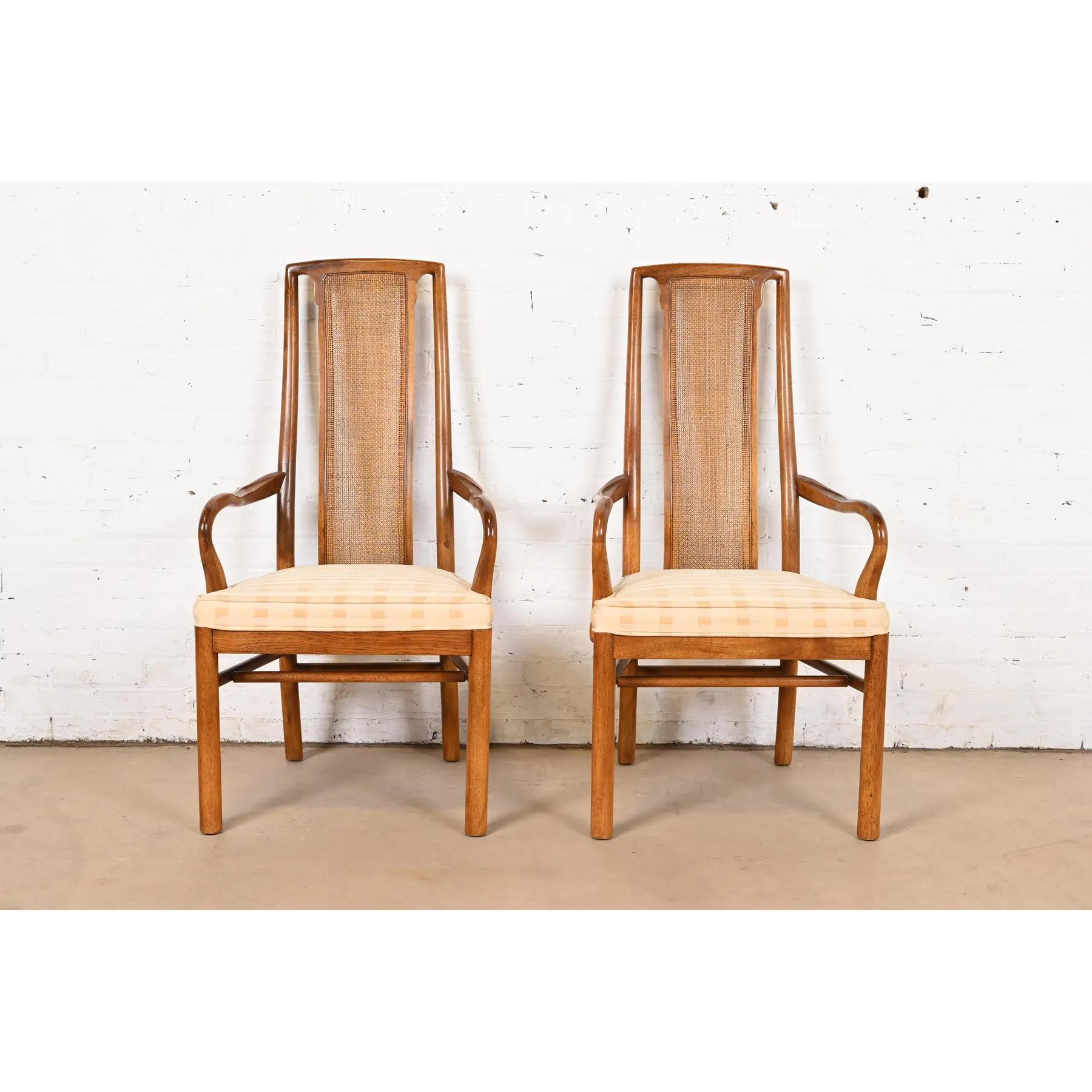 Drexel Heritage Mid-Century Modern Walnut and Cane High Back Dining Armchairs In Good Condition For Sale In South Bend, IN