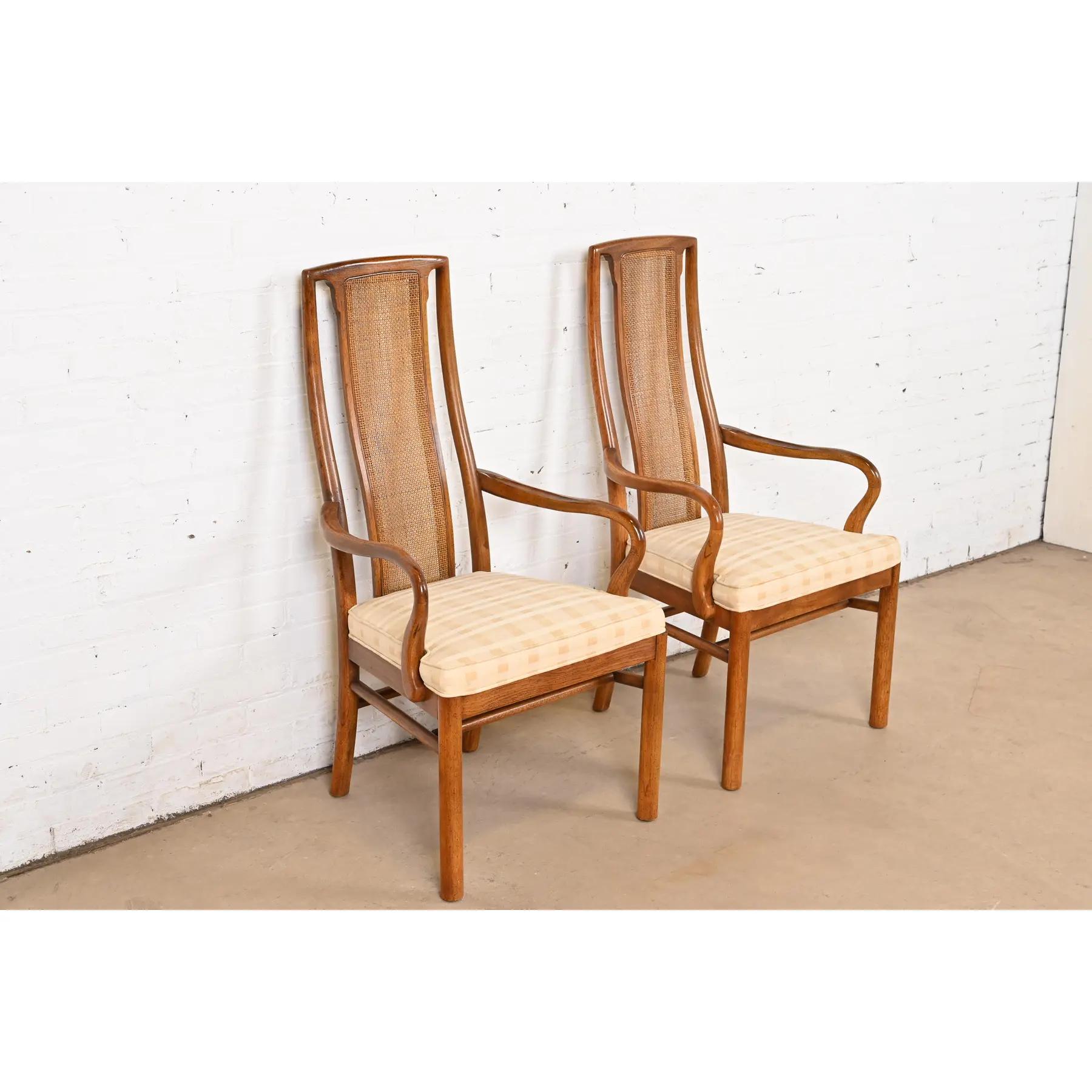 Late 20th Century Drexel Heritage Mid-Century Modern Walnut and Cane High Back Dining Armchairs For Sale