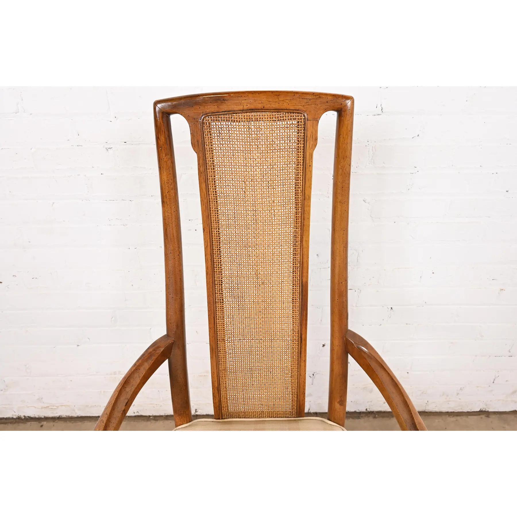 Upholstery Drexel Heritage Mid-Century Modern Walnut and Cane High Back Dining Armchairs For Sale
