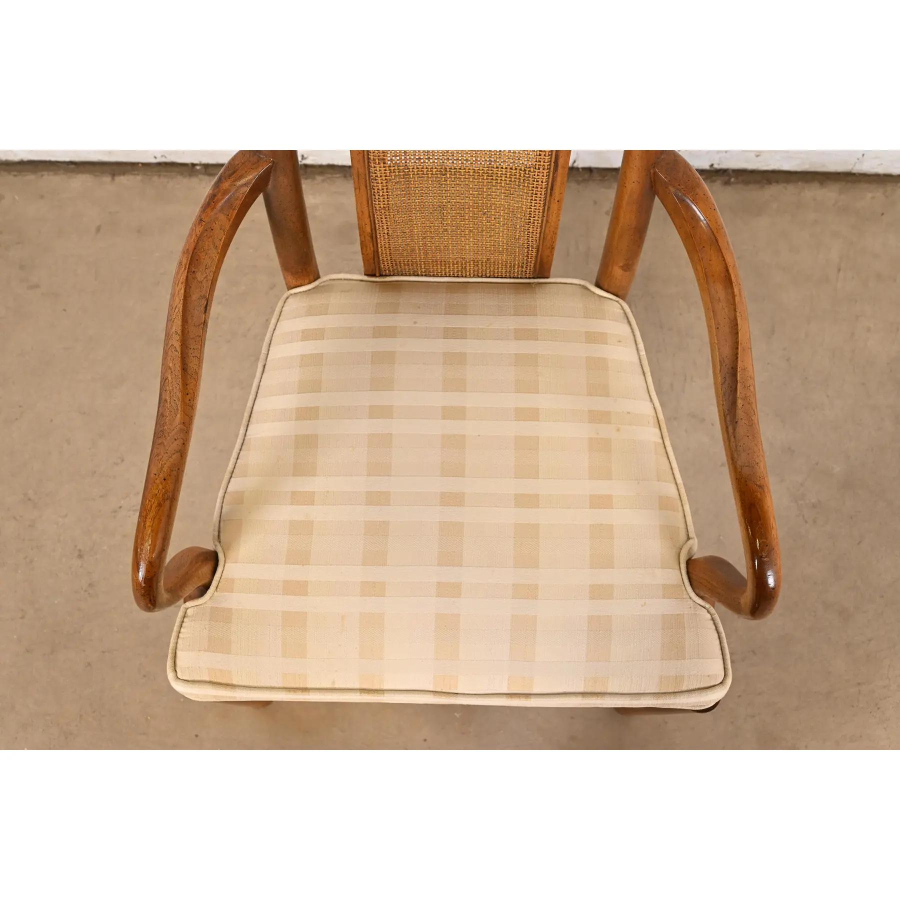 Drexel Heritage Mid-Century Modern Walnut and Cane High Back Dining Armchairs For Sale 1