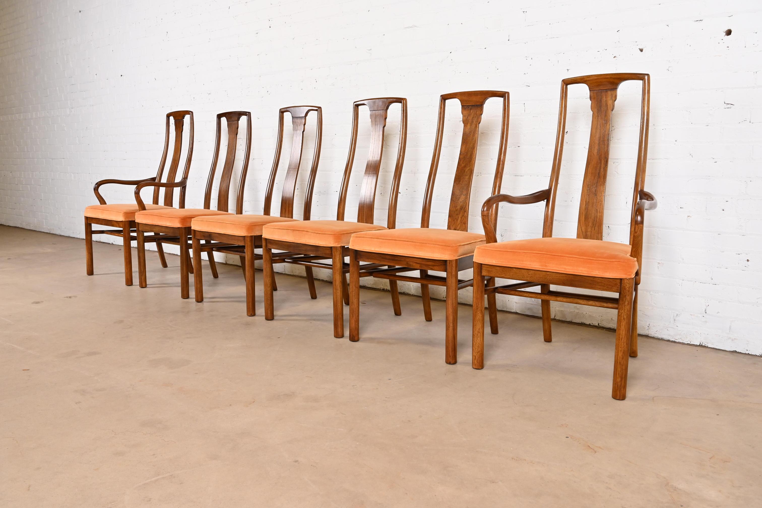 American Drexel Heritage Mid-Century Modern Walnut High Back Dining Chairs, Set of Six