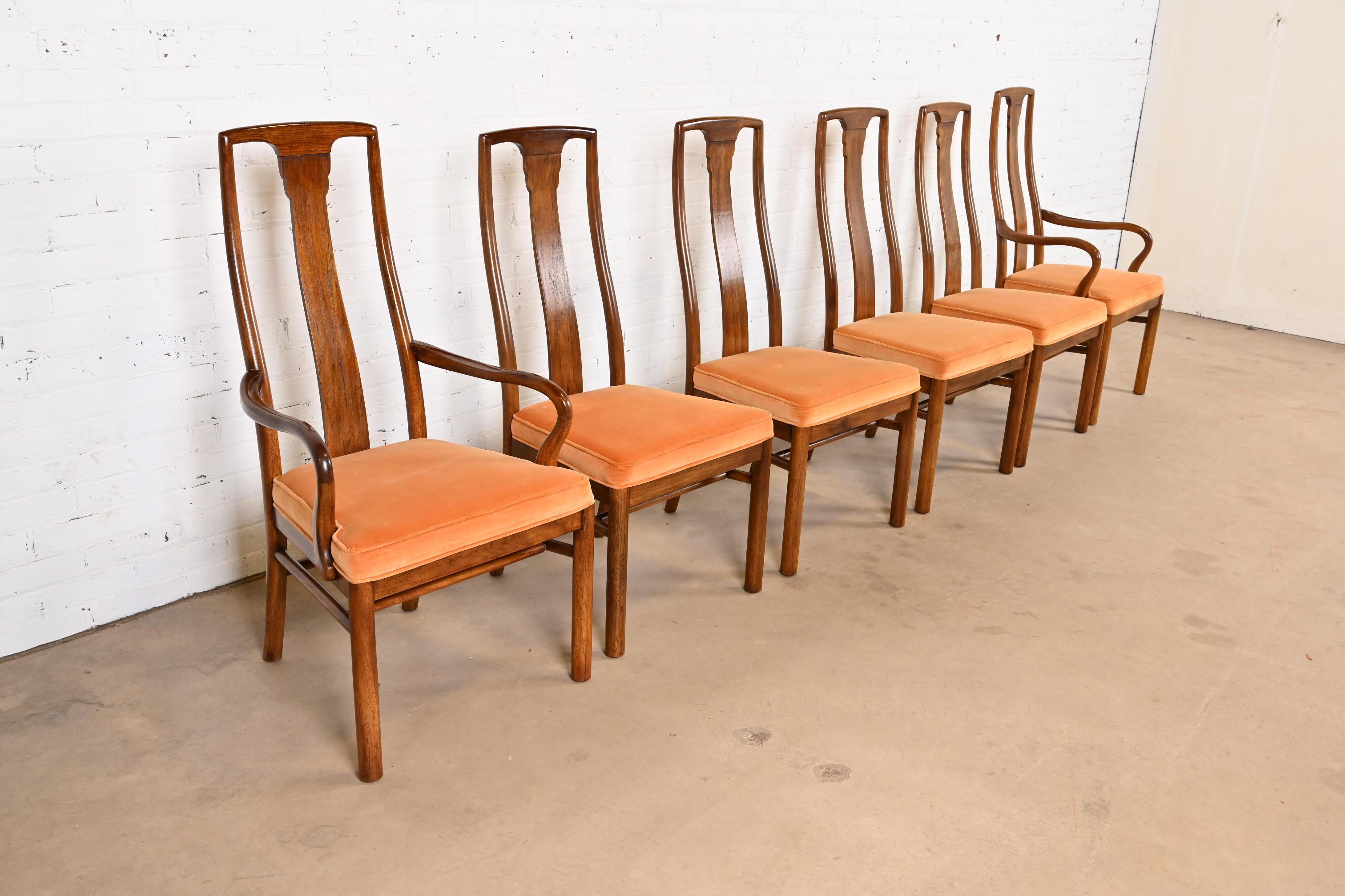 Drexel Heritage Mid-Century Modern Walnut High Back Dining Chairs, Set of Six In Good Condition In South Bend, IN