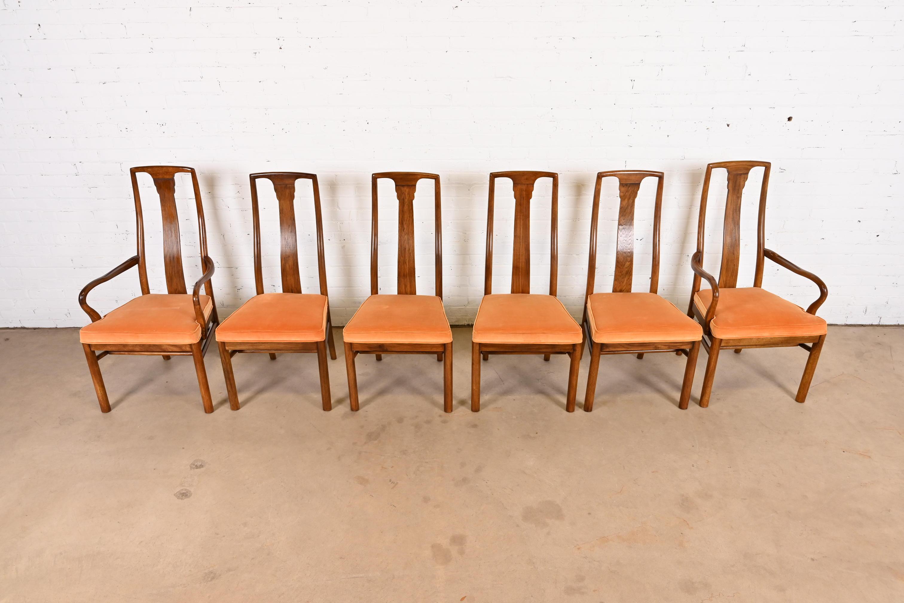Upholstery Drexel Heritage Mid-Century Modern Walnut High Back Dining Chairs, Set of Six