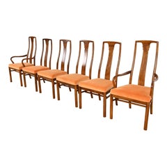 Drexel Heritage Sillas de Comedor de Respaldo Alto de Nogal Modernas de Mediados de Siglo, Juego de Seis