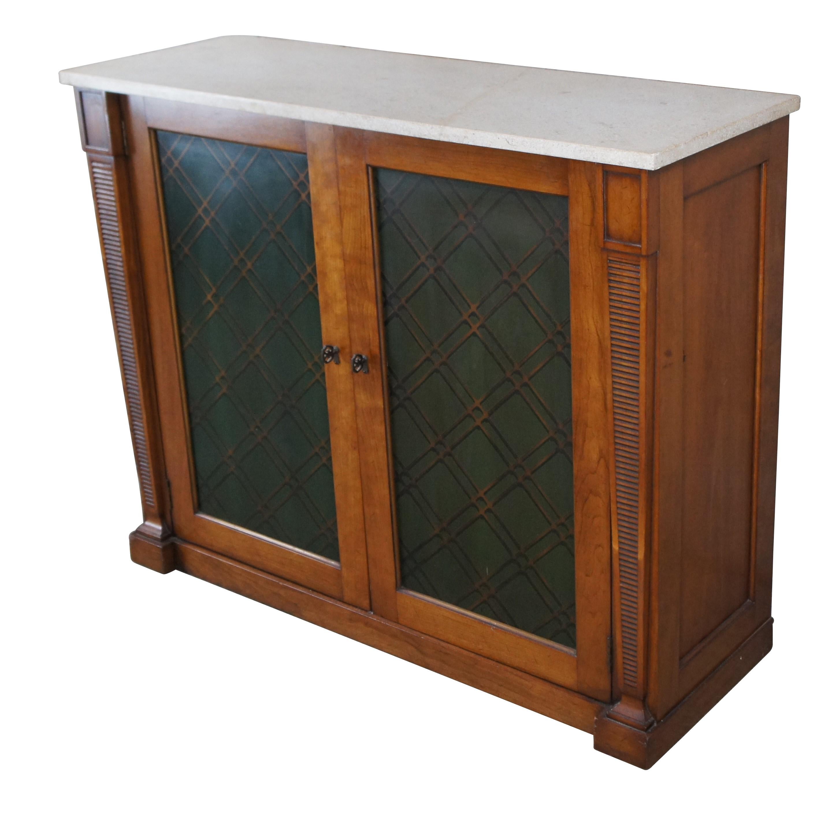 Mid century 1960s Drexel Heritage Palazzo collection Regency style bar cabinet / buffet / console / server / sideboard / credenza / book case / entry table.  Made of walnut featuring rectangular form with formica top and painted doors that open to