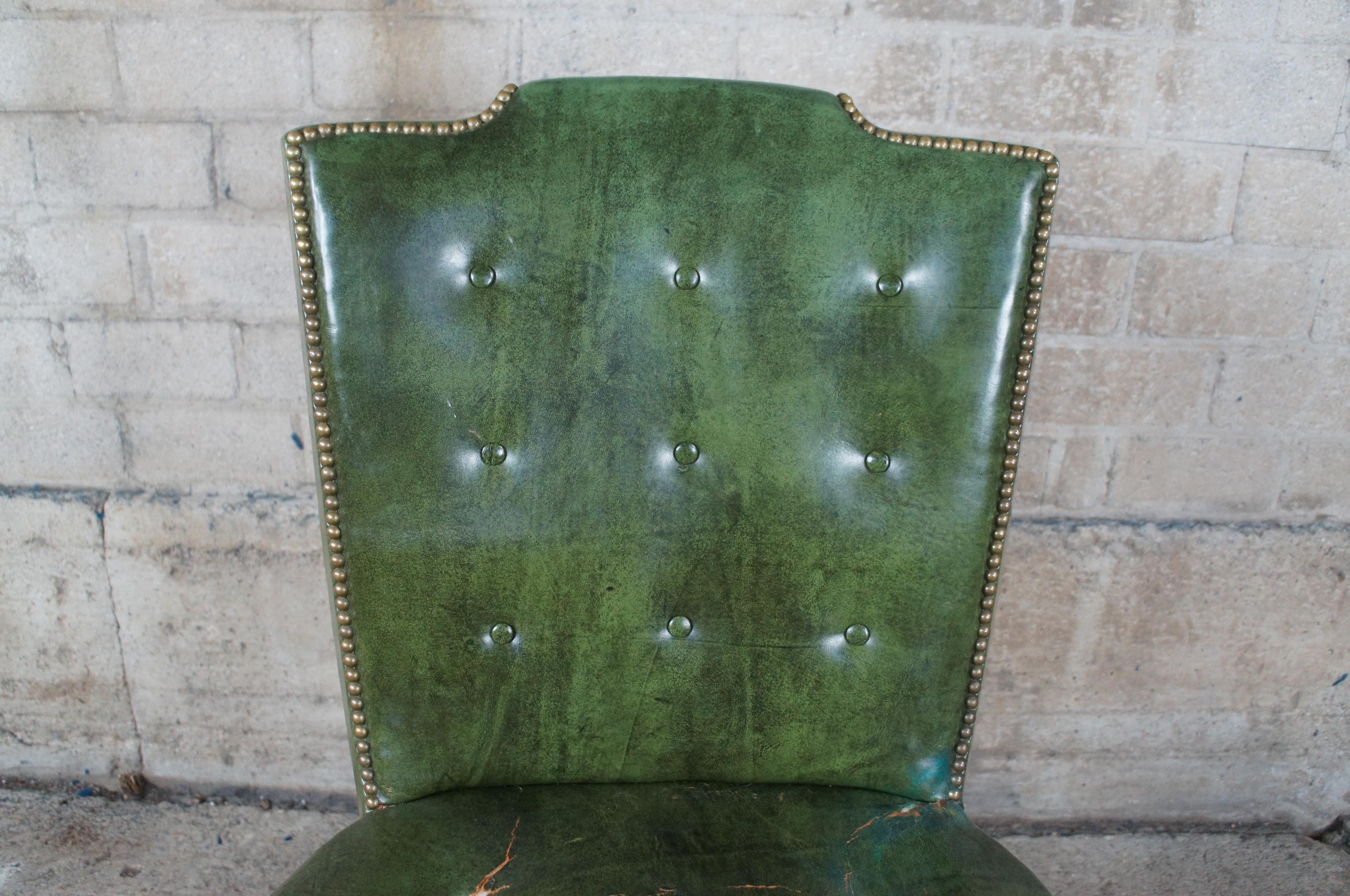 Drexel Heritage Midcentury Sheraton Mahogany Green Leather Tufted Side Chair For Sale 7
