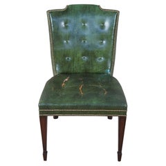 Drexel Heritage Midcentury Sheraton Mahogany Green Leather Tufted Side Chair