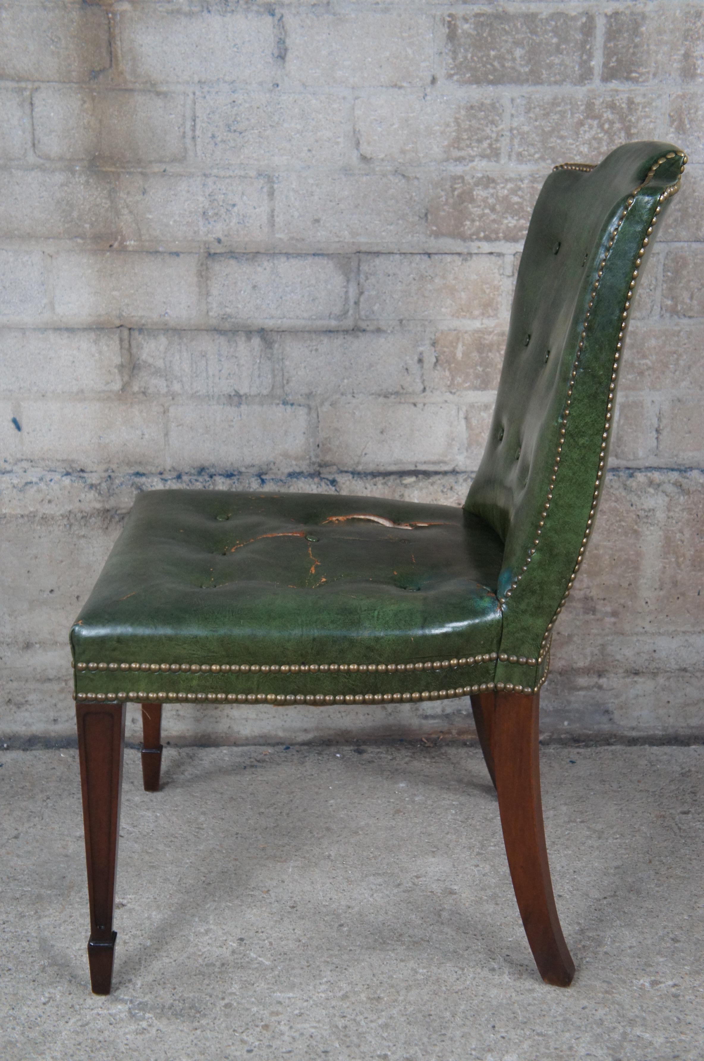Mid-Century Modern Drexel Heritage Midcentury Sheraton Mahogany Green Leather Tufted Side Chair For Sale