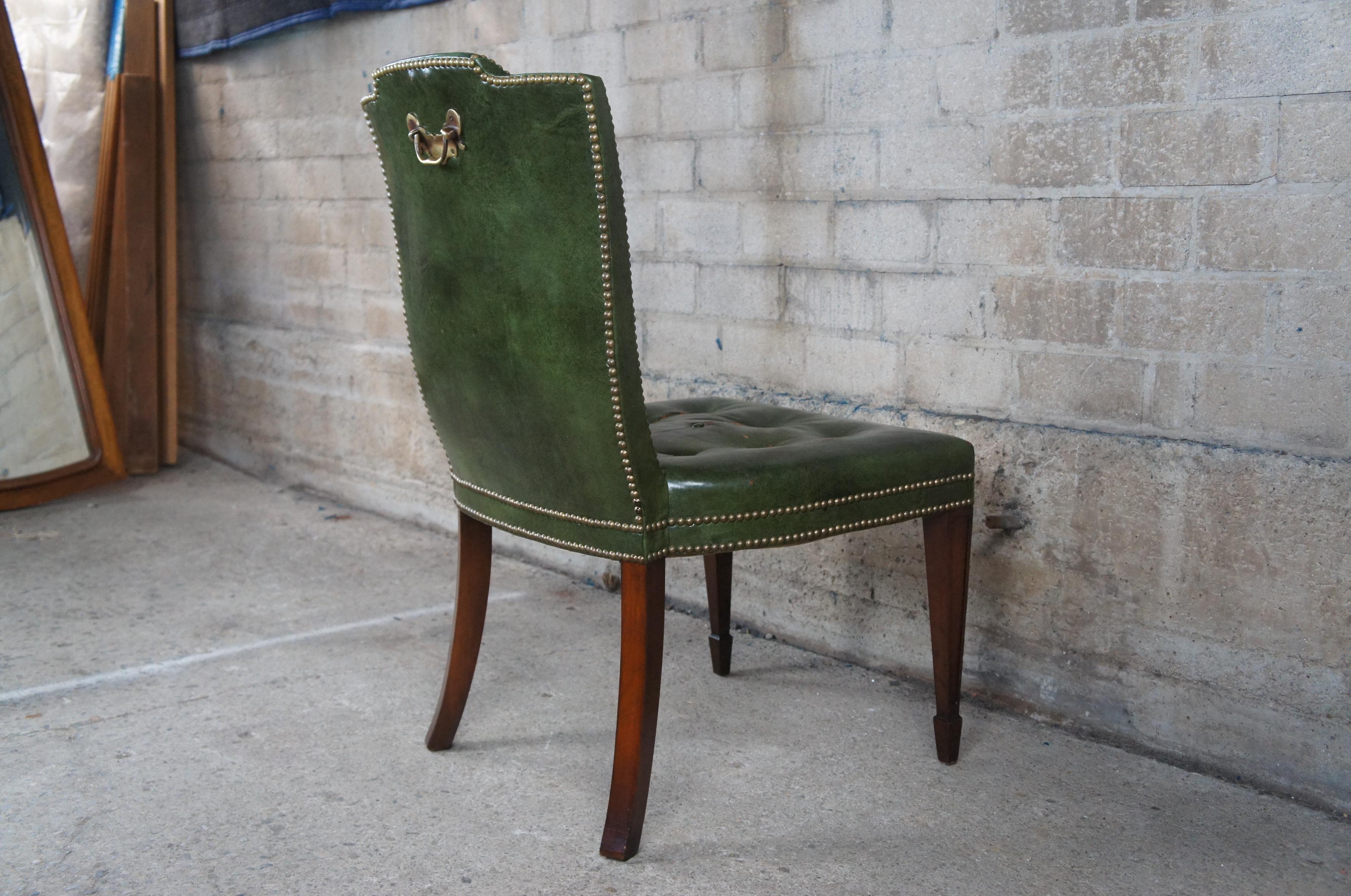 Drexel Heritage Midcentury Sheraton Mahogany Green Leather Tufted Side Chair For Sale 2