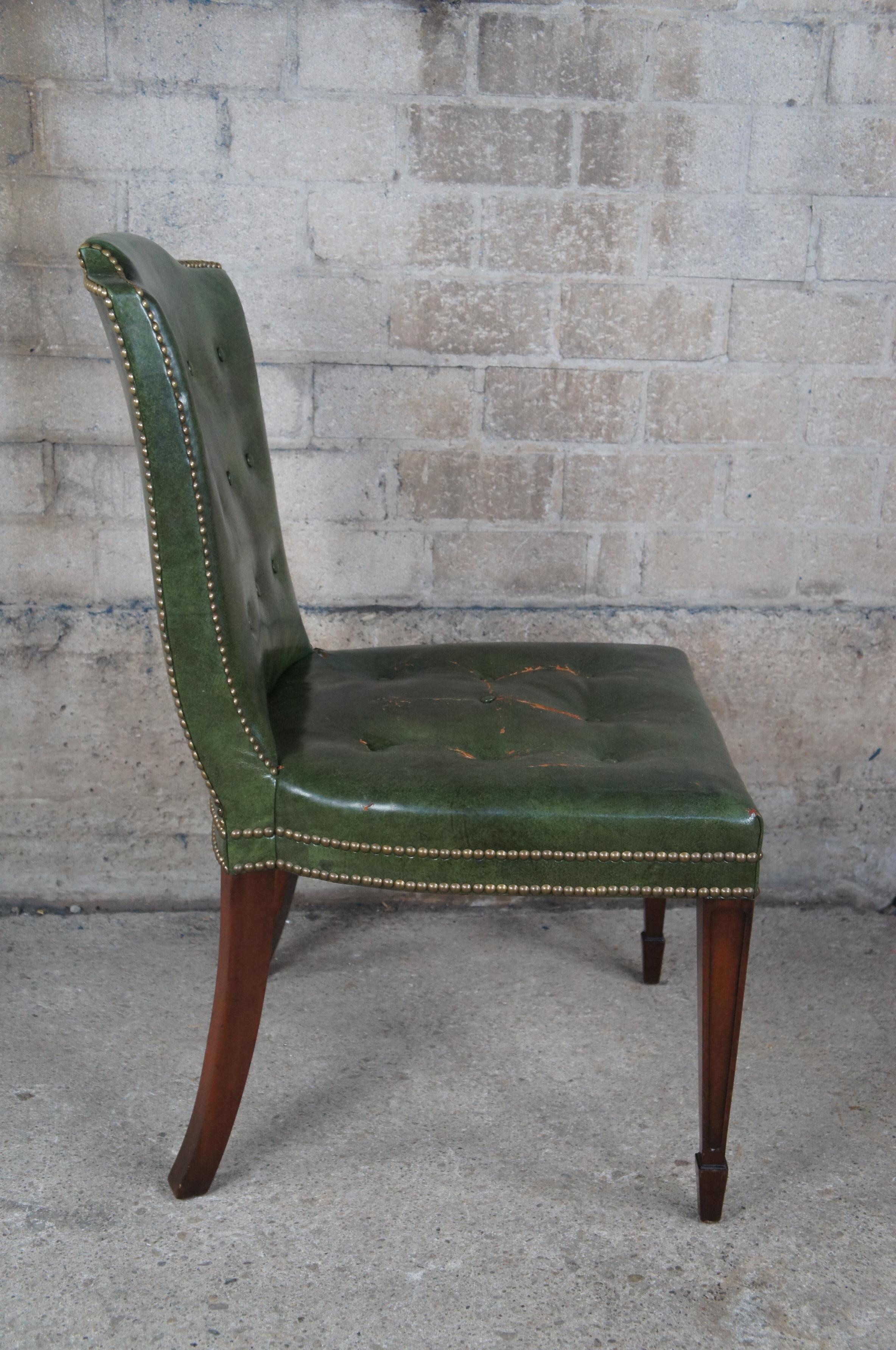 Drexel Heritage Midcentury Sheraton Mahogany Green Leather Tufted Side Chair For Sale 3