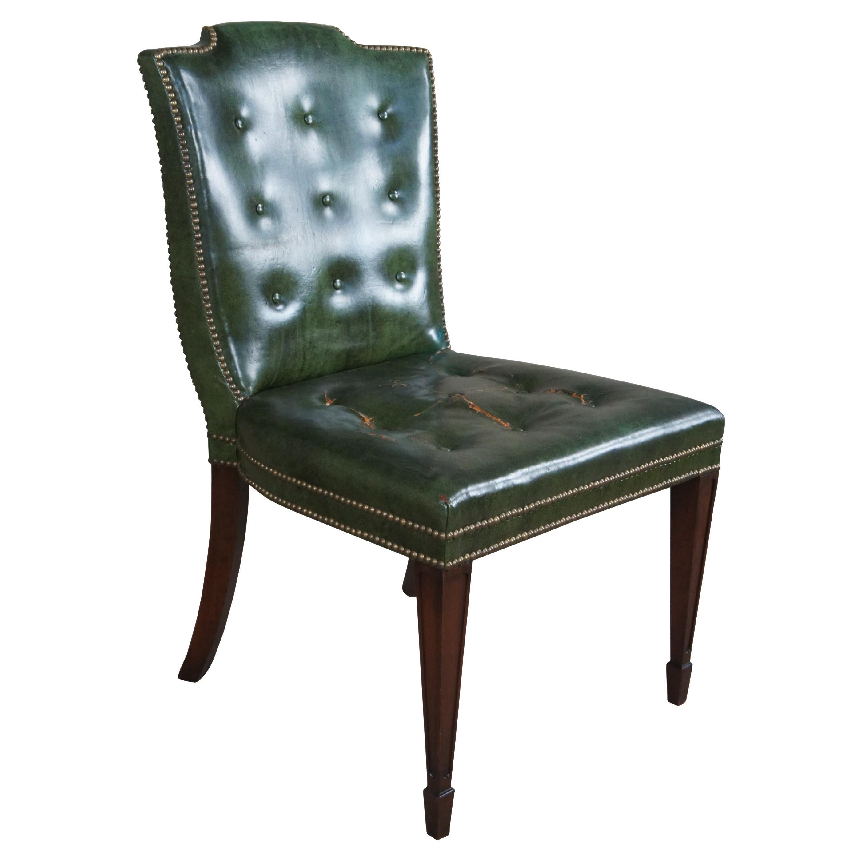 Drexel Heritage Midcentury Sheraton Mahogany Green Leather Tufted Side Chair For Sale