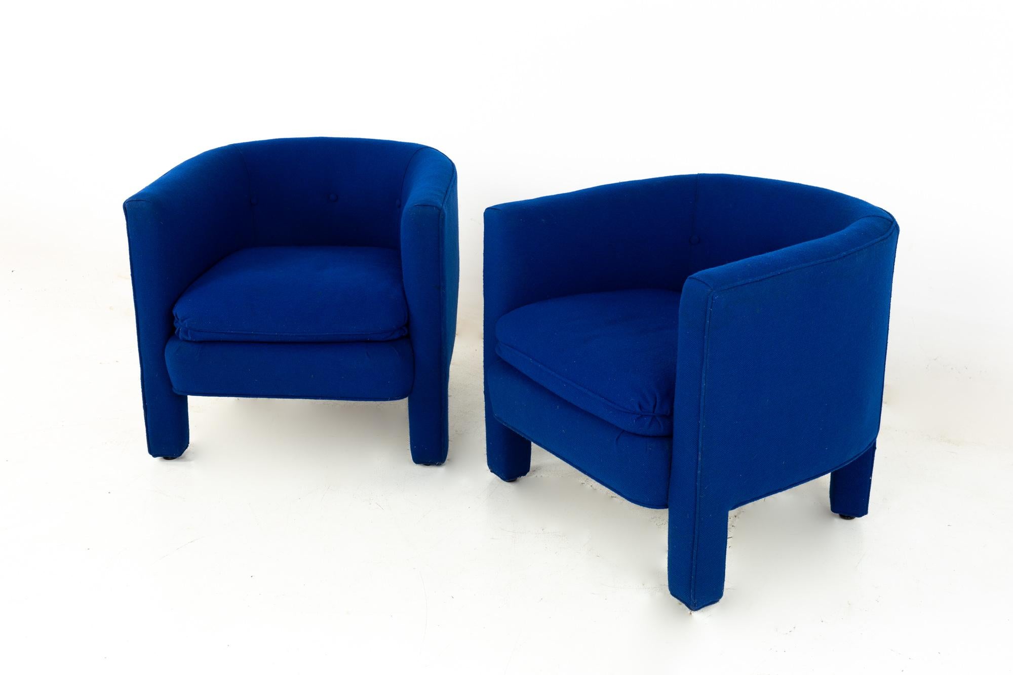 Mid-Century Modern Drexel Heritage Mid Century Upholstered Blue Club Lounge Chairs, Pair