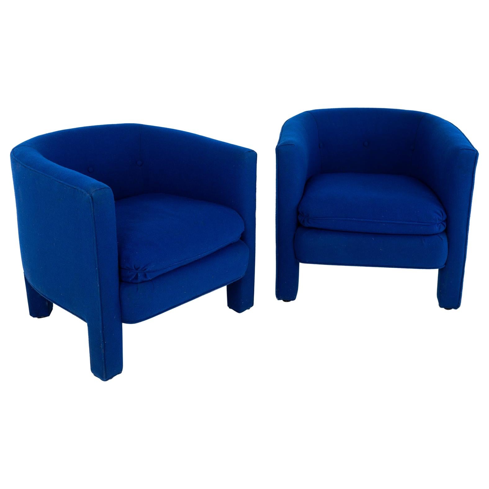 Drexel Heritage Mid Century Upholstered Blue Club Lounge Chairs, Pair