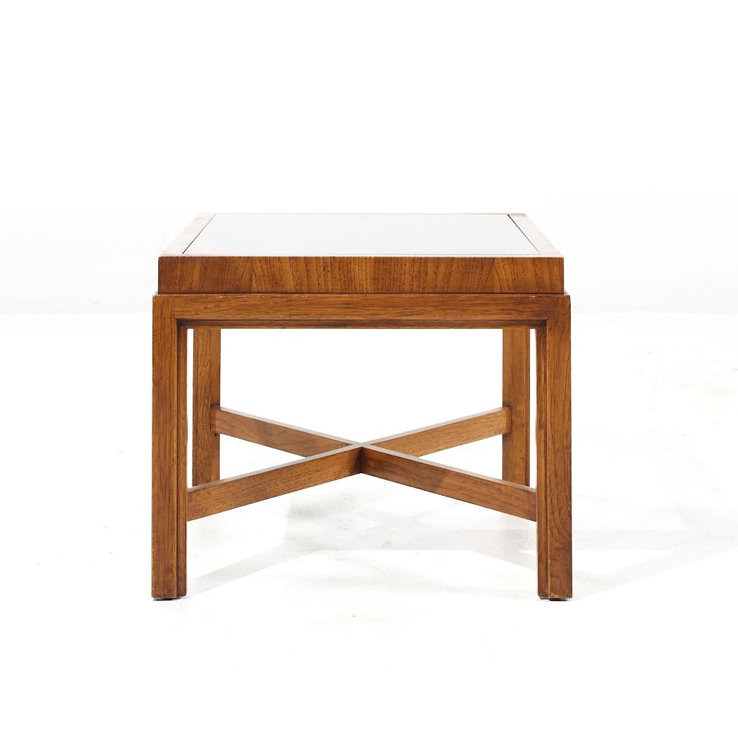 American Drexel Heritage Mid Century Walnut and Smoked Glass Side End Table For Sale